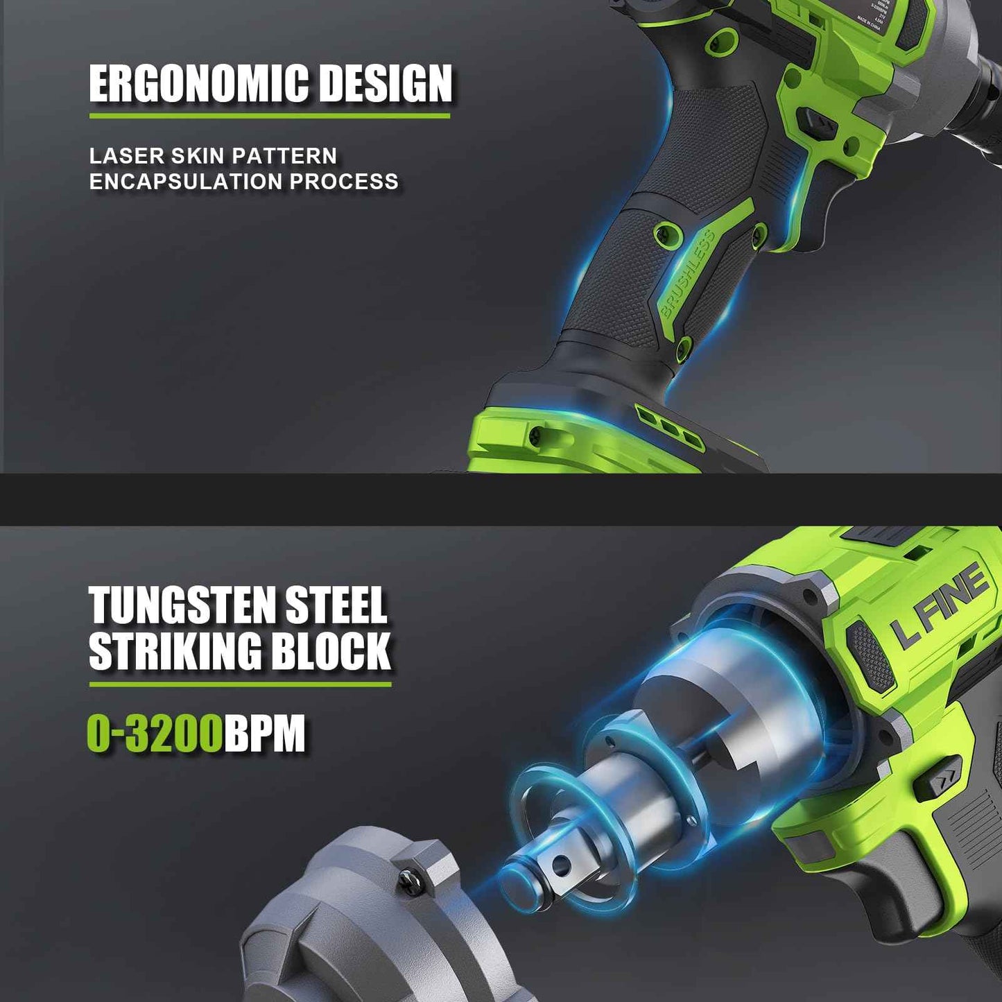 L FINE Cordless Impact Wrench 1/2 inch, 600N.m (405Ft-lbs) Power Impact Drill Kit Tools, 3200RPM High Torque Brushless Motor Impact Driver, 2 x 4.0Ah Battery, 5 Sockets, Charger, Electric Impact Gun