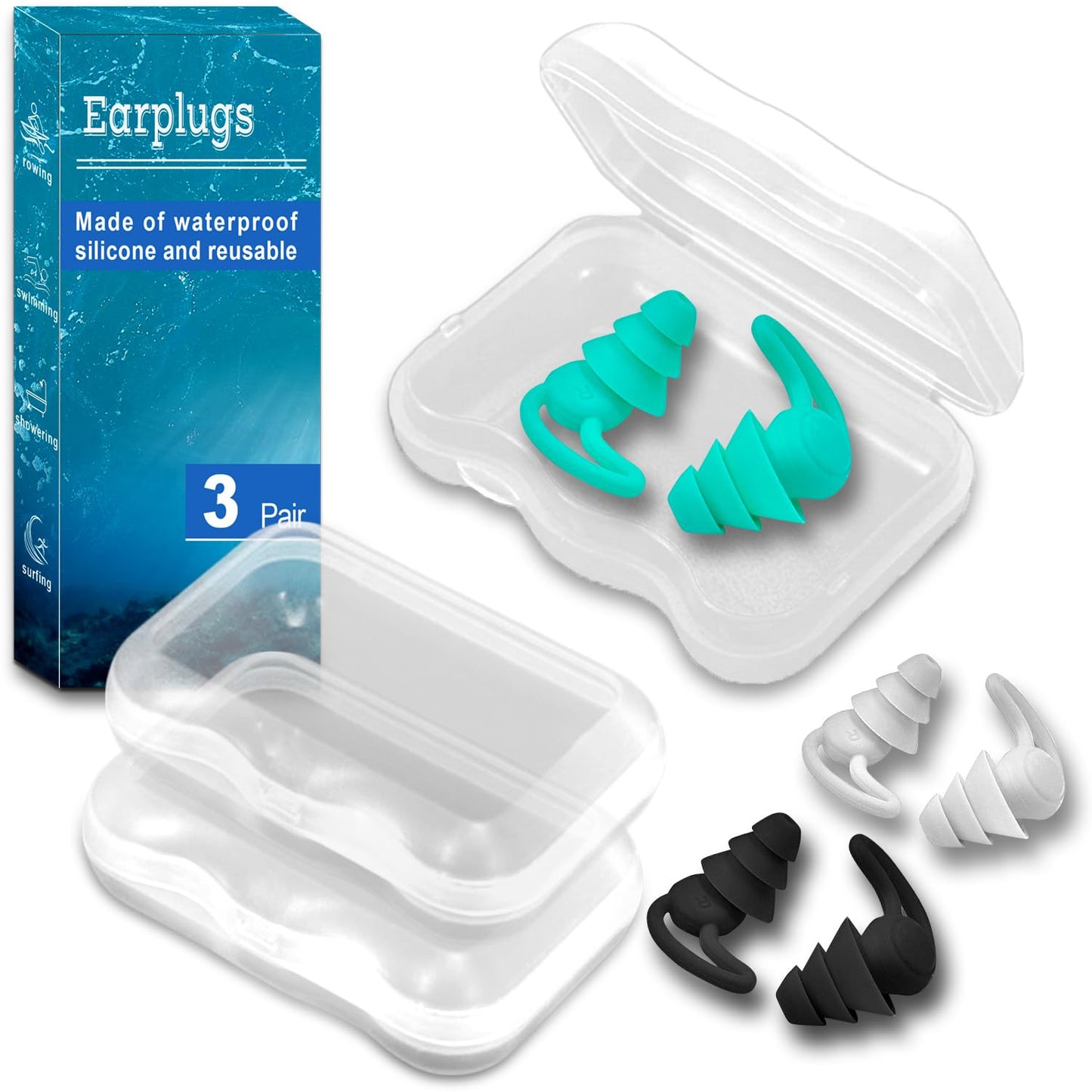 Ear Plugs for Swimming, 3 Pairs Swim EarPlugs, Waterproof Reusable Swim Ear Plugs for Adults, Keep Water Out and Ear Protection, Perfect for Showering, Pool, Diving, and Other Water Sports.