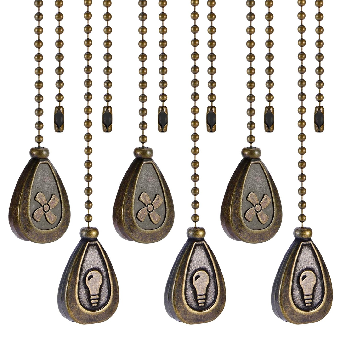 BoAn 6 Pack Bronzed Ceiling Fan Pull Chain Extension,12 Inches Decorative Fan Pull Chain Pendant Extension, with Ball Fan Chain Connector for Ceiling Fans and Lights(3 Light and 3 Fan)