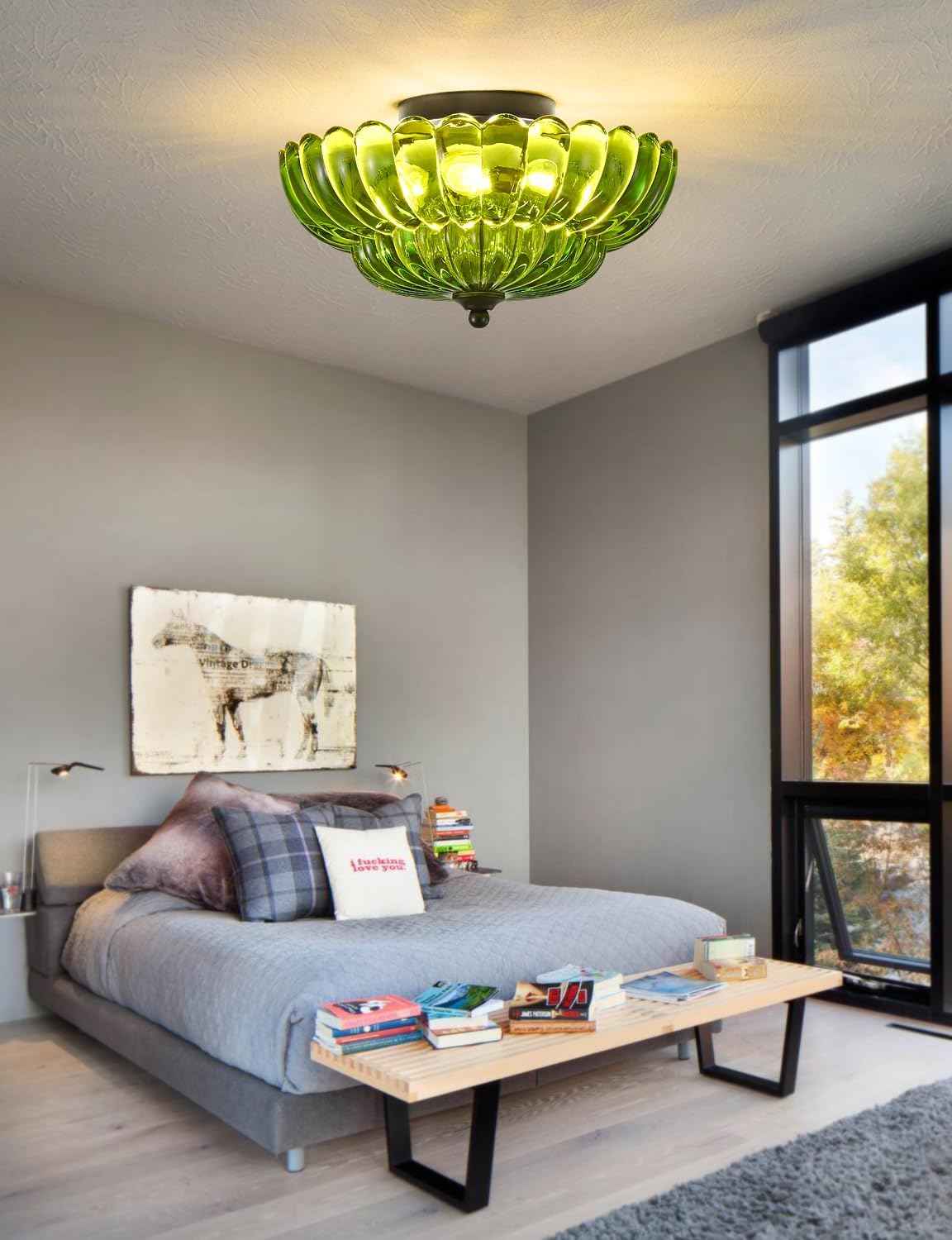 Modern 3-Bulb Semi Flush Mount Ceiling Light Fixture - Vintage Amber Glass for Bedroom, Kitchen, Living Room