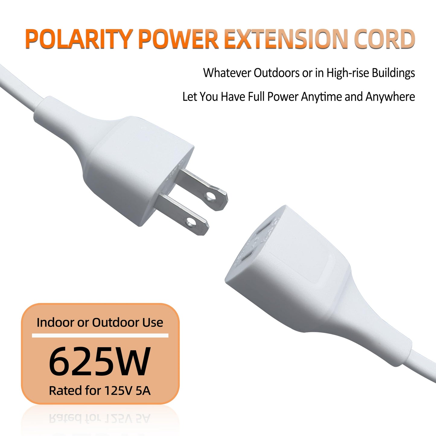 Polarity White Extension Cord 15FT 625W Extension Cords Thin Two Prong for Indoor Use Power Strip Outside Cables with Single Plug Ideal for Christmas Lights, Lamps, Cameras, Small Appliances (1 Pack)