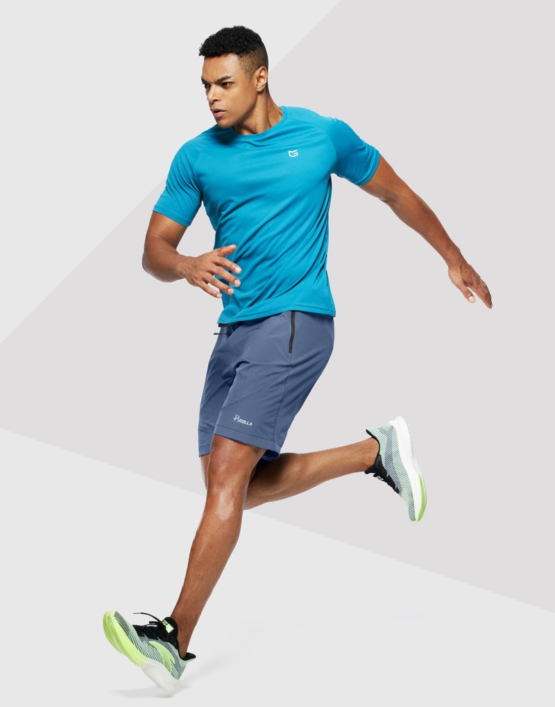 Pudolla Men's Workout Running Shorts Lightweight Gym Athletic Shorts for Men with Zipper Pockets(Blue Grey Large)
