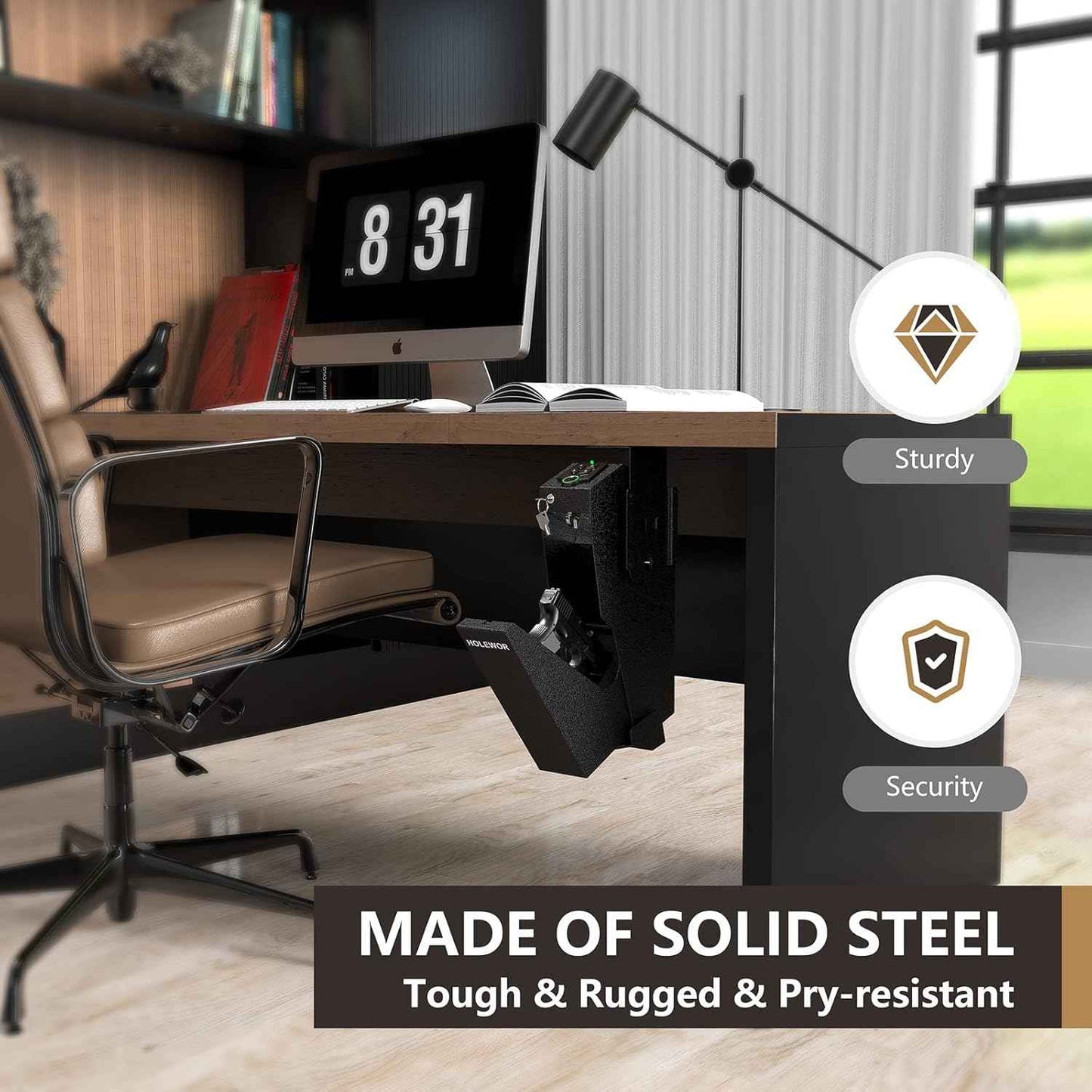 Quick Access Bedside Gun Safe - Single Mount Pistol Safe for Nightstand & Desk