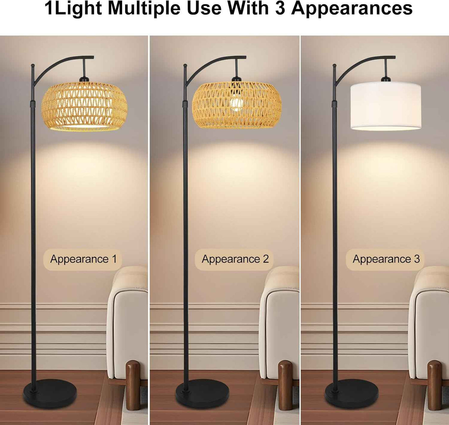 Boho Gold Floor Lamp with Remote Control | Dimmable Rattan & Wicker Design for Living Room