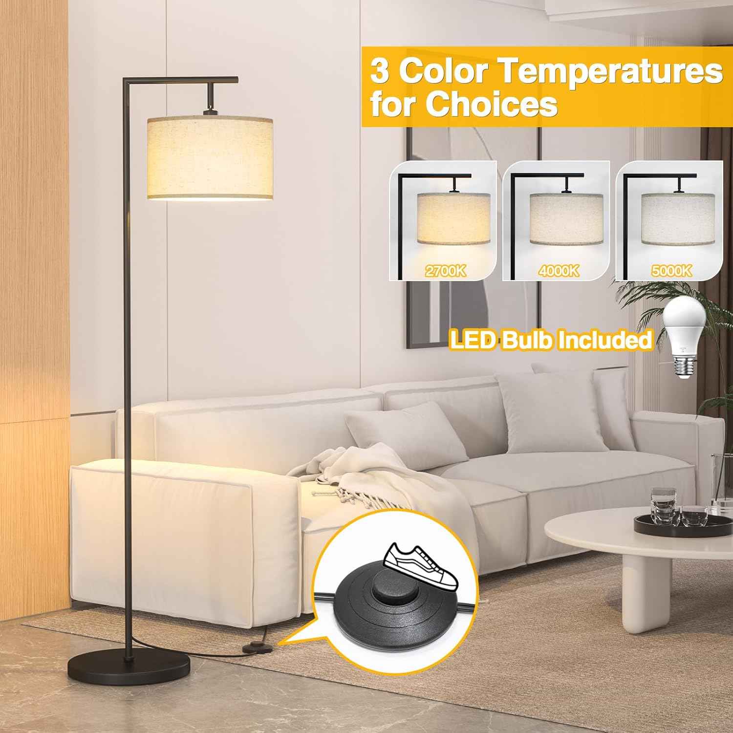 Adjustable Black Floor Lamp for Living Room - 3 Color Temperatures & Beige Linen Shade