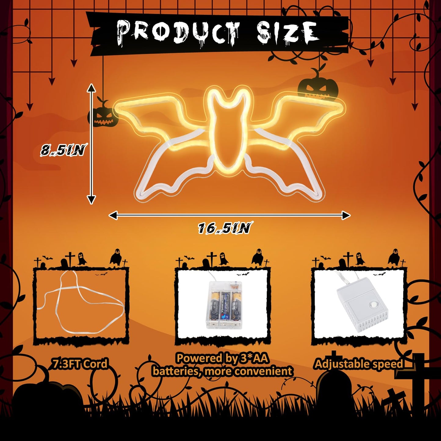 Halloween Neon Sign, Halloween Flying Bat Neon Light Sign with Adjustable Speed, Swinging Flashing Neon Halloween Decorations for Wall Windows Door Porch Indoor, 16.5" x 8.5" Large