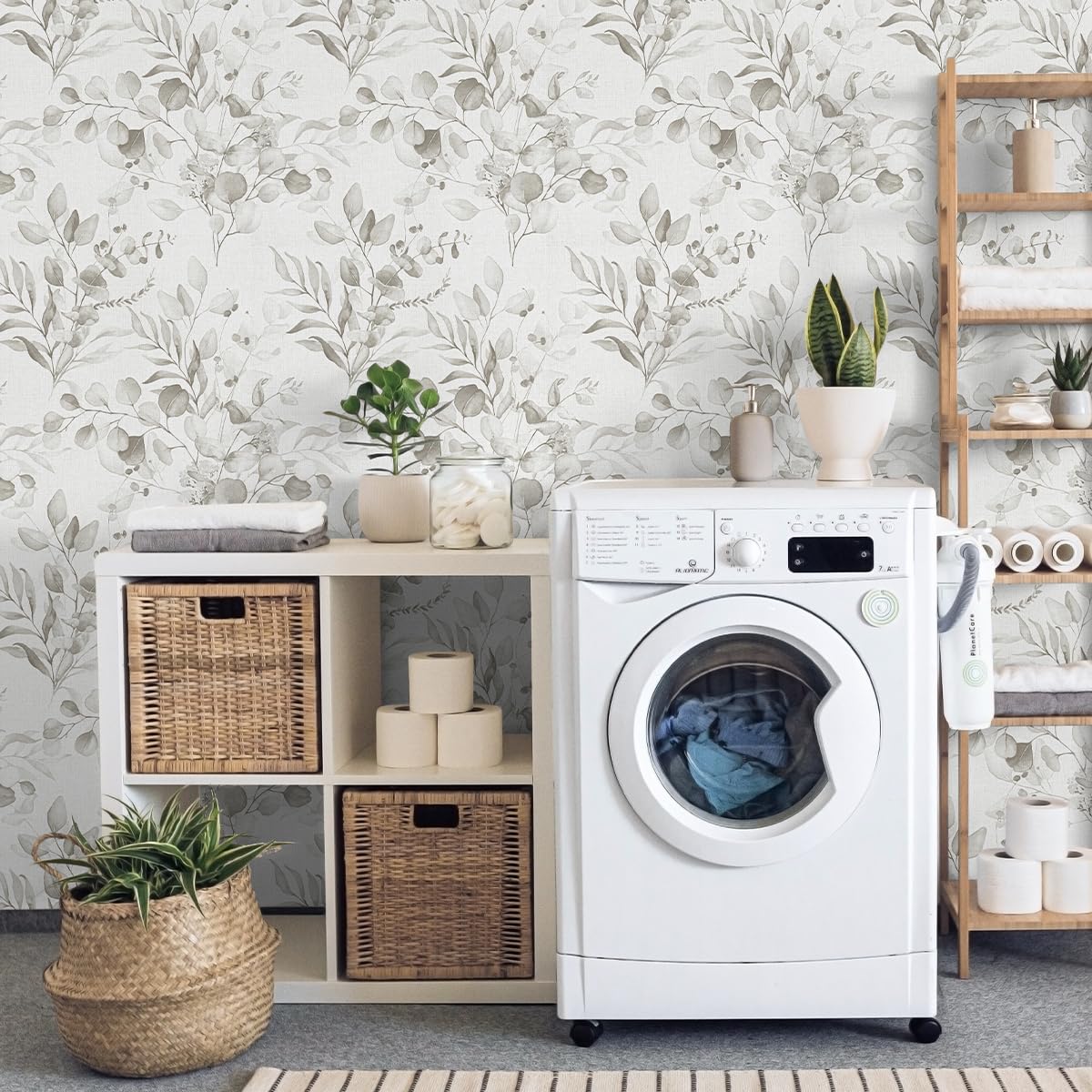 Naphite Floral Wallpaper Peel and Stick Wallpaper for Bedroom 118inL17.3inW Grey Floral Boho Contact Paper for Cabinets Drawer Self Adhesive Removable Farmhouse Contact Paper Eucalyptus Leaf Nursery