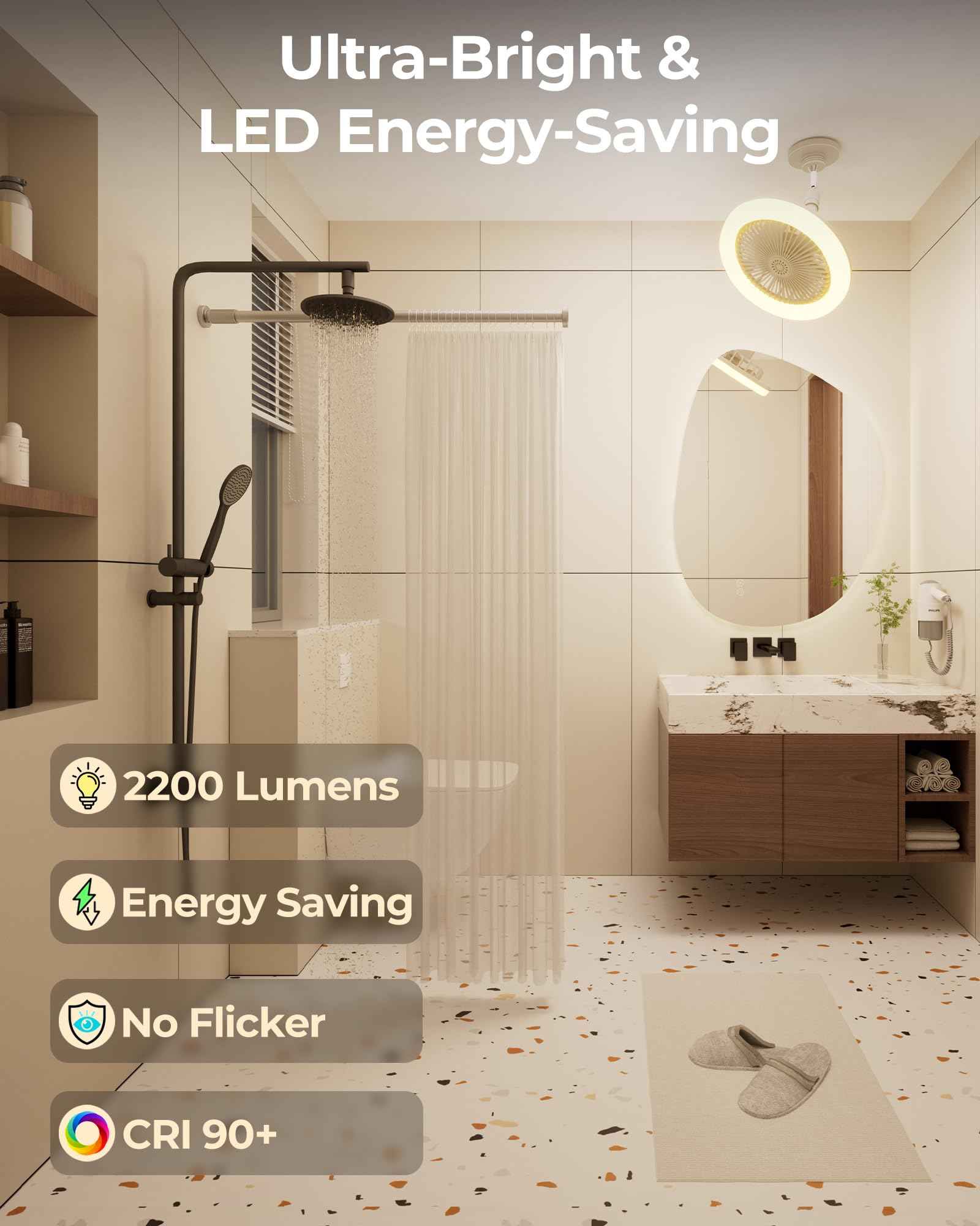 Adjustable Socket Fan Light with Remote and Extender, 2200LM Enclosed LED Light Bulb Fan, Small Screw in Ceiling Fan, Mini Socket Air Light for Bedroom Garage, Wireless Small Ceiling Fans with Lights