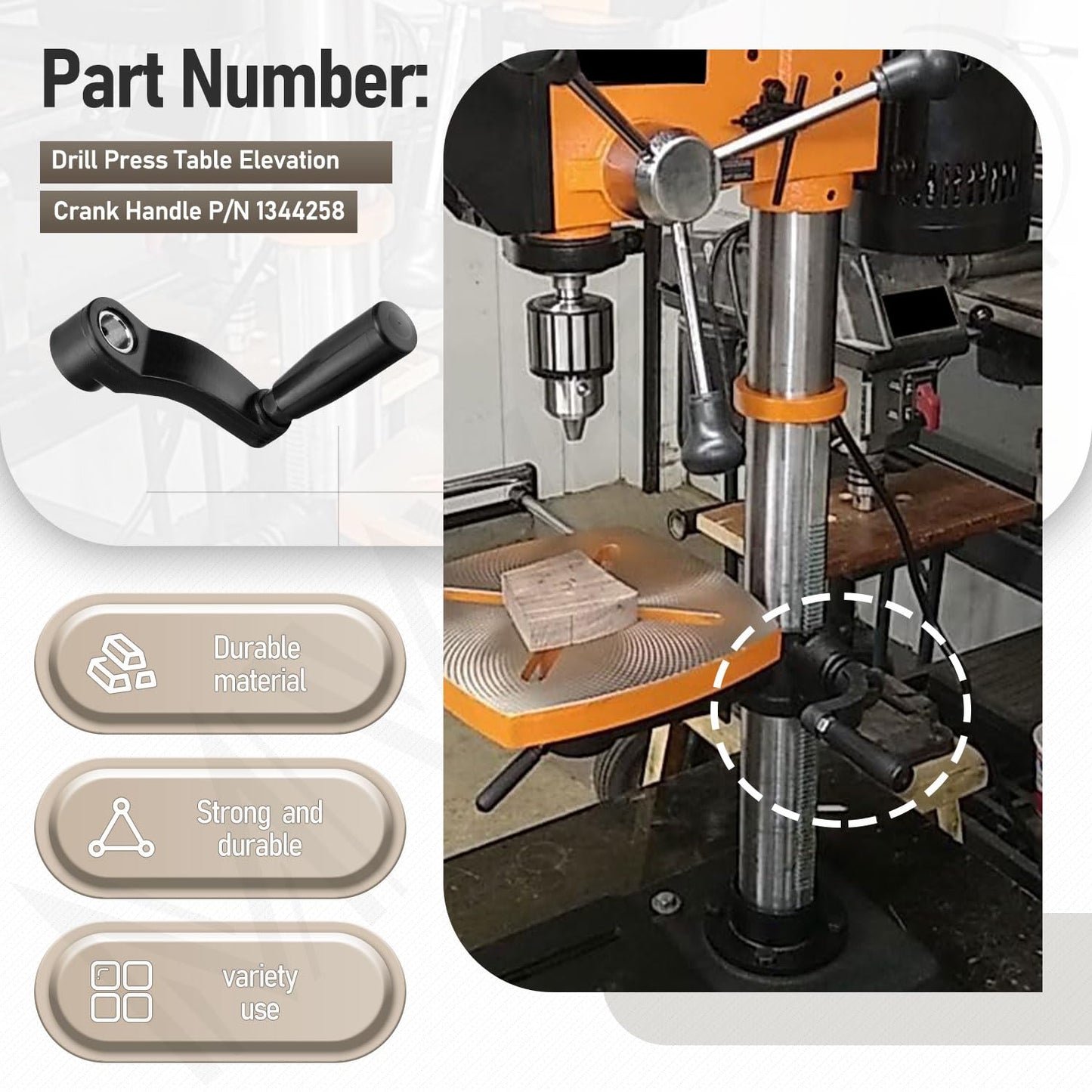 Drill Press Table Elevation Crank Handle 1344258 for Delta drill Press Table, having a 14.5 mm (9/16") diameter elevating shaft and 6" swing