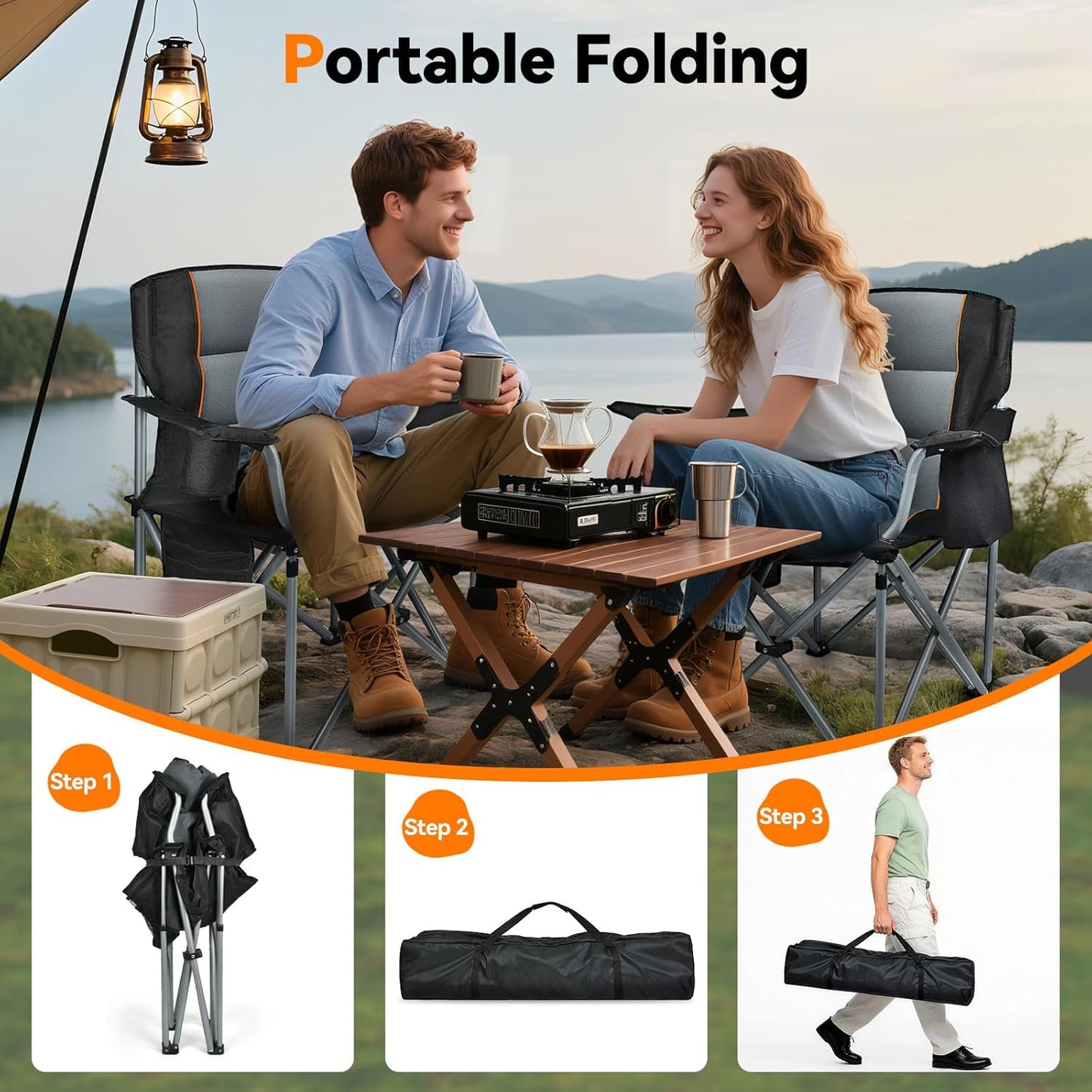 Skiennix Camping Chairs - 2 Pack Oversized Heavy Duty Folding Chairs with Cup Holder & Cooler Bag | Supports 400 LBS