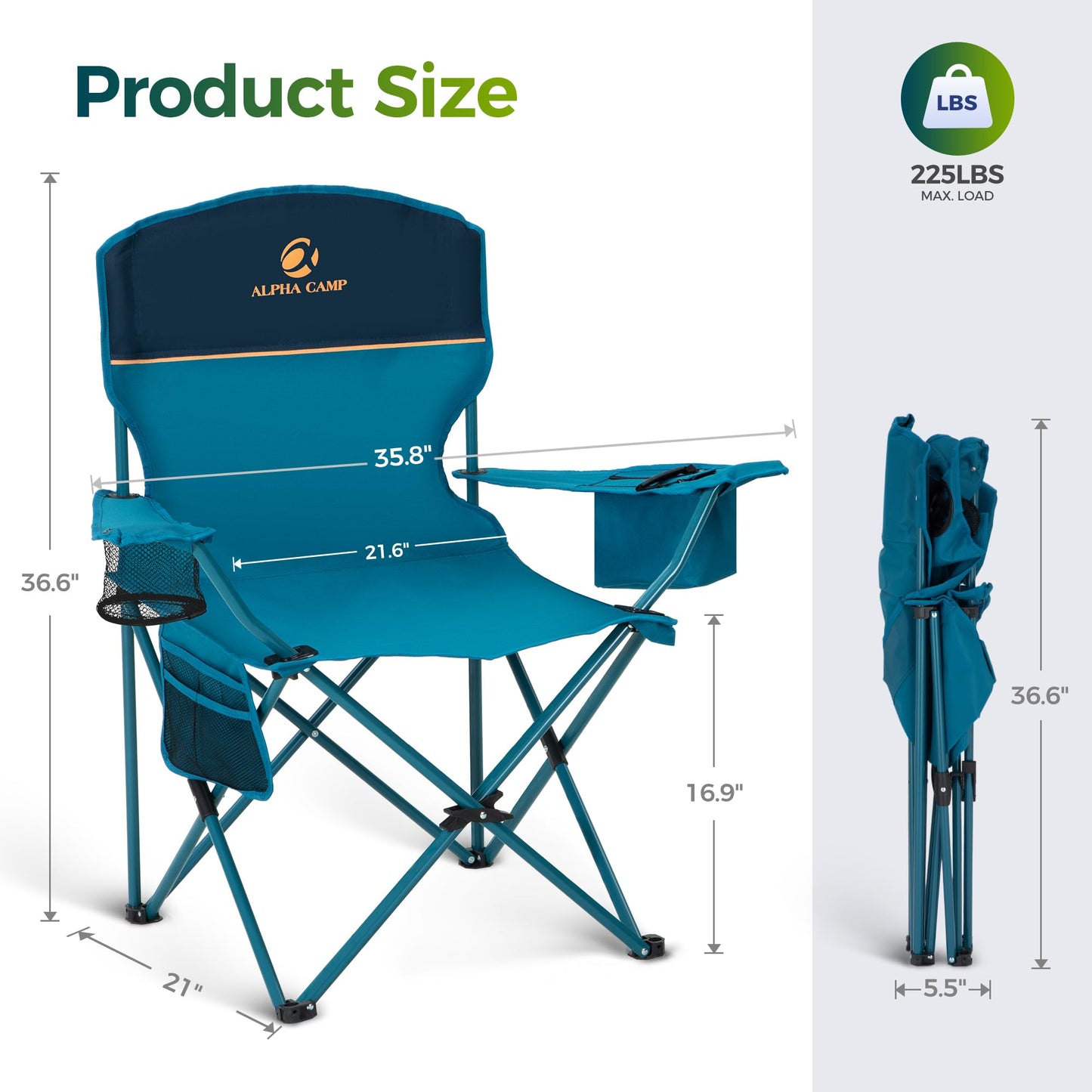 ALPHA CAMP Folding Camping Chairs for Adults Lawn Chairs Outdoor Chairs Support 250 LBS Portable Camp Chairs with Cup Holders Cooler Pouch for Outdoor, 2 Pack