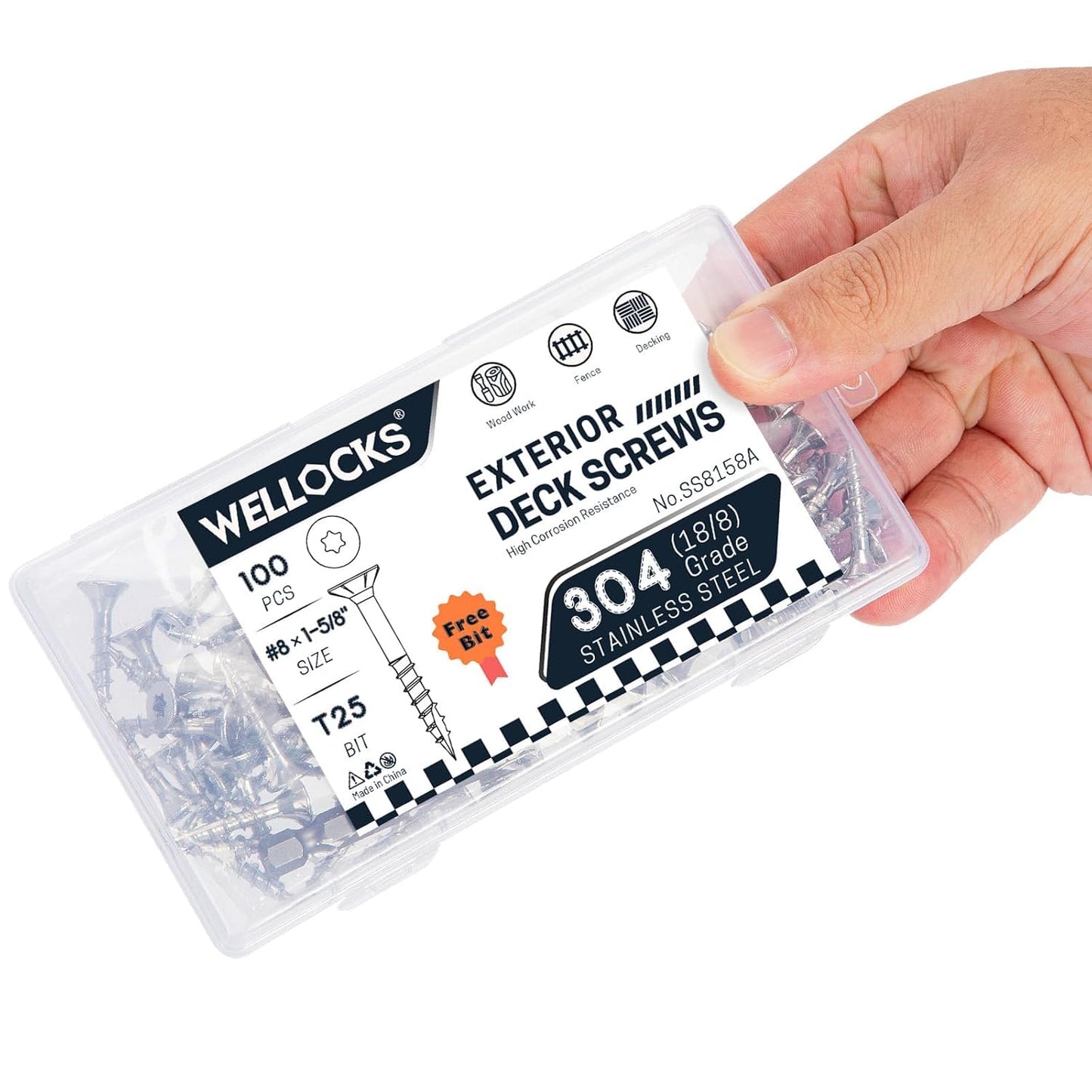 WELLOCKS Deck Screws 304 Stainless Steel #8×1-5/8" 100 PCS with T25 Star Torx Drive Flat Head Wood Screws High Corrosion Resistance for Outdoor Wood Fence(SS8158A)