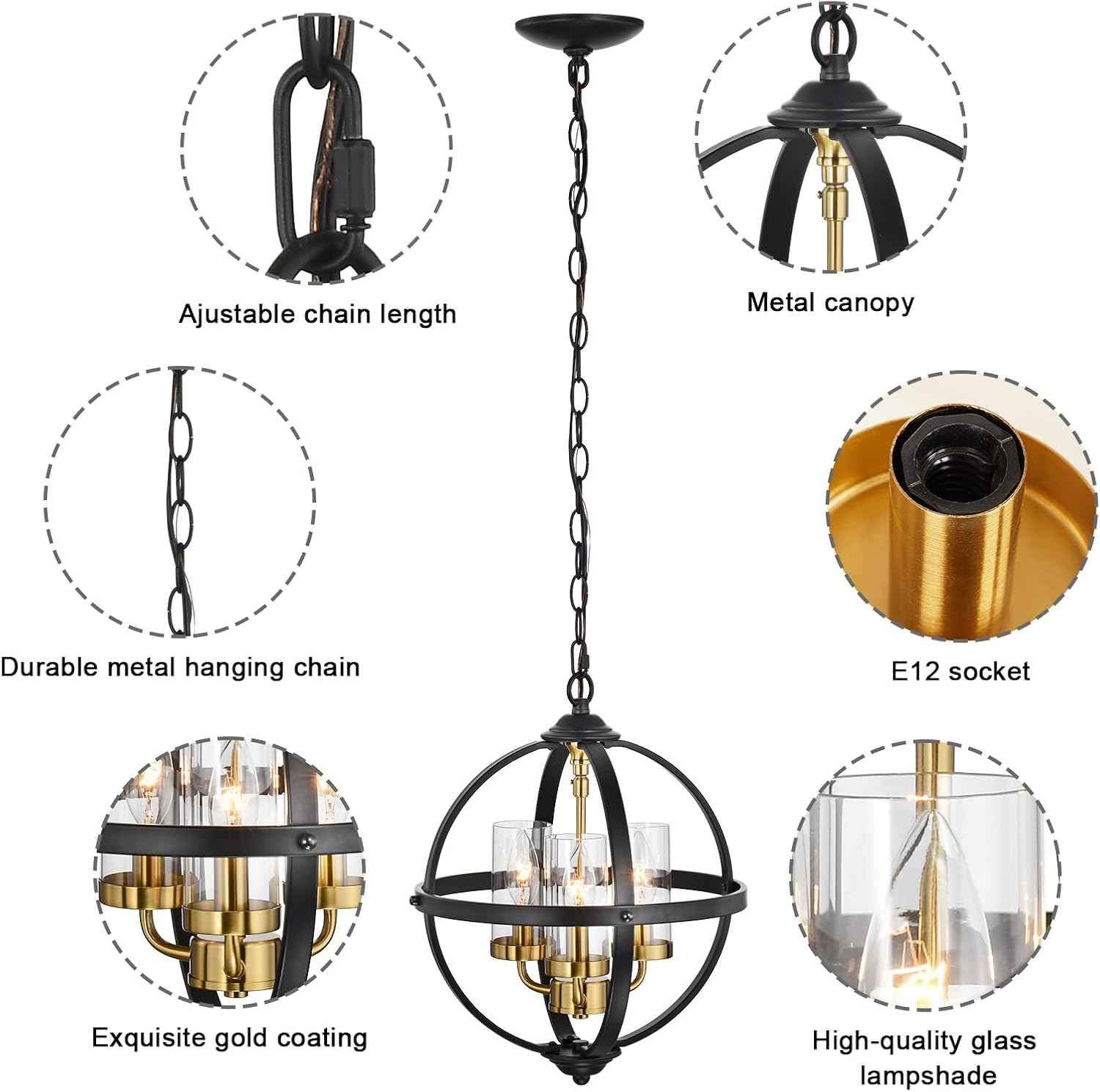 Rustic 14" Farmhouse Chandelier - Vintage Black & Gold 3-Light Pendant Light for Kitchen, Dining Room & Entryway