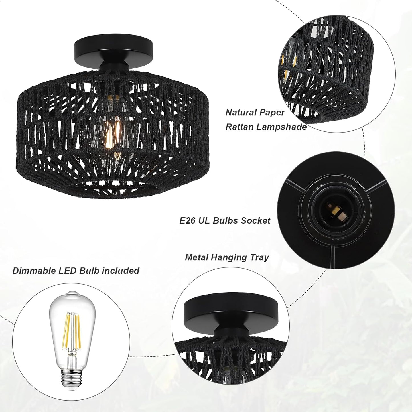 Boho Rattan Chandelier Ceiling Light Fixture with Dimmable LED Bulb - Hand Woven Flush Mount for Hallway, Bedroom, Kitchen & Living Room