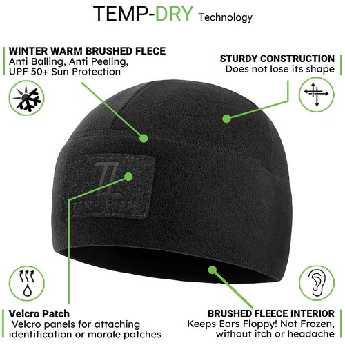 Temple Tape Tactical Beanie Hat - Front & Back Patch Panel - Multi Season Military Hats for Men - Mens Patch Army Beanies - Black - One Size