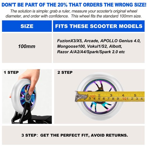 100mm Scooter Wheels 2 Pack - Pro Scooter Wheels with ABEC-9 Bearings Installed, 88A PU, Replacement Wheels Fit for Razor, MGP, Lucky Envy & Pro Scooters, White