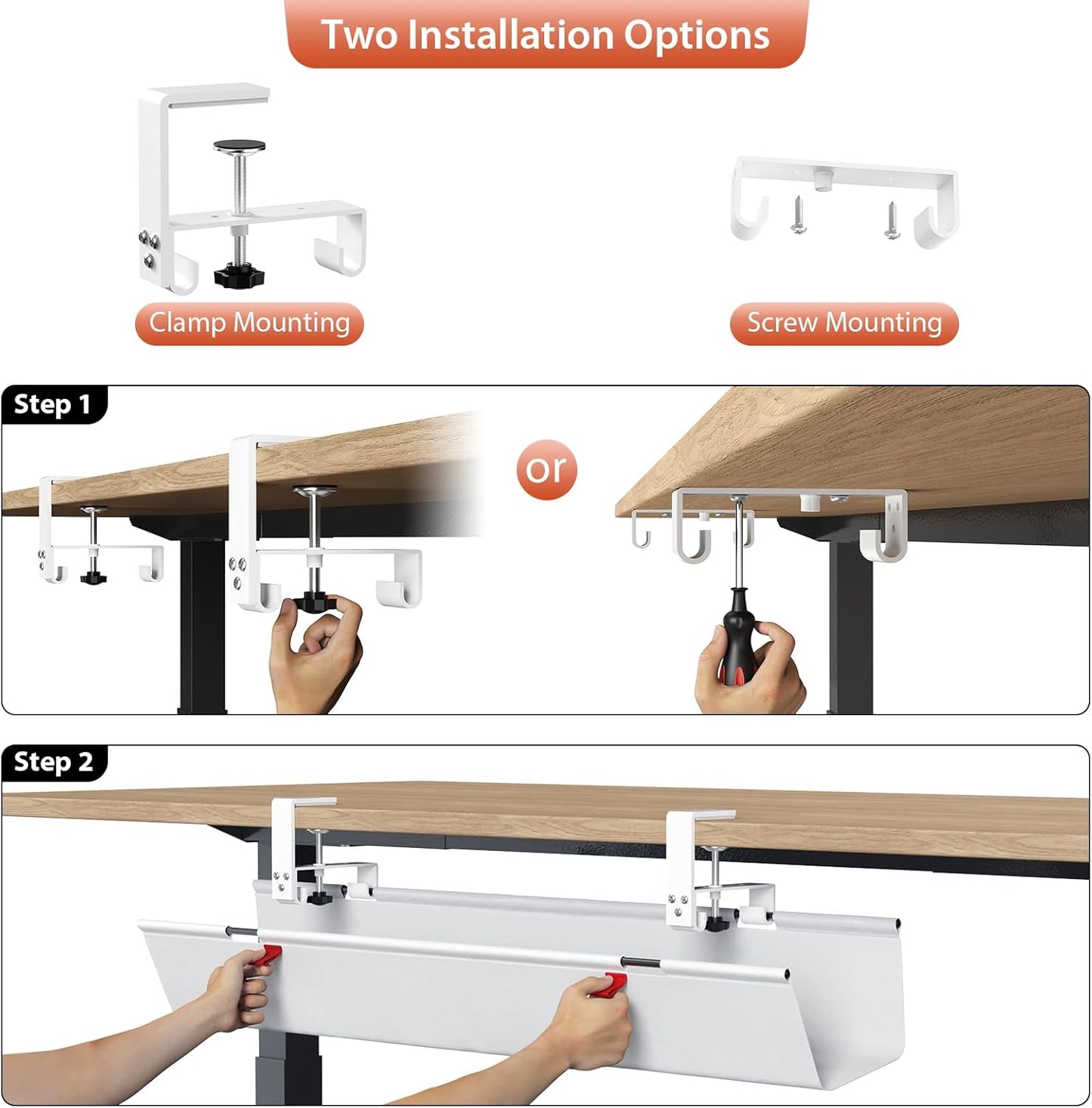 36" No Drill Under Desk Cable Management Tray - Premium Cord Organizer for Office & Home