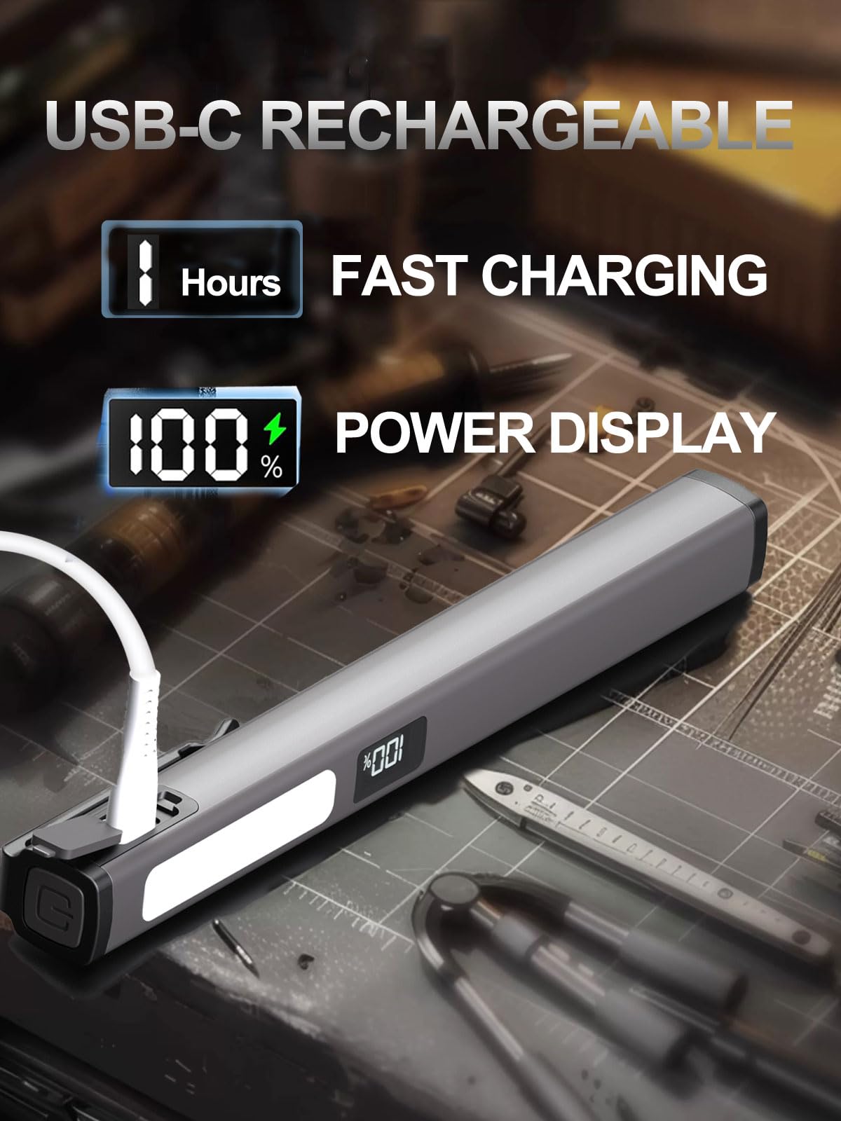 Tileon Rechargeable Pen Flashlight with 6 Modes & Power Display,Type-C Charging LED Pen Light with COB Light,Portable Pocket Flashlight for Camping, Emergency, Home (Gray)