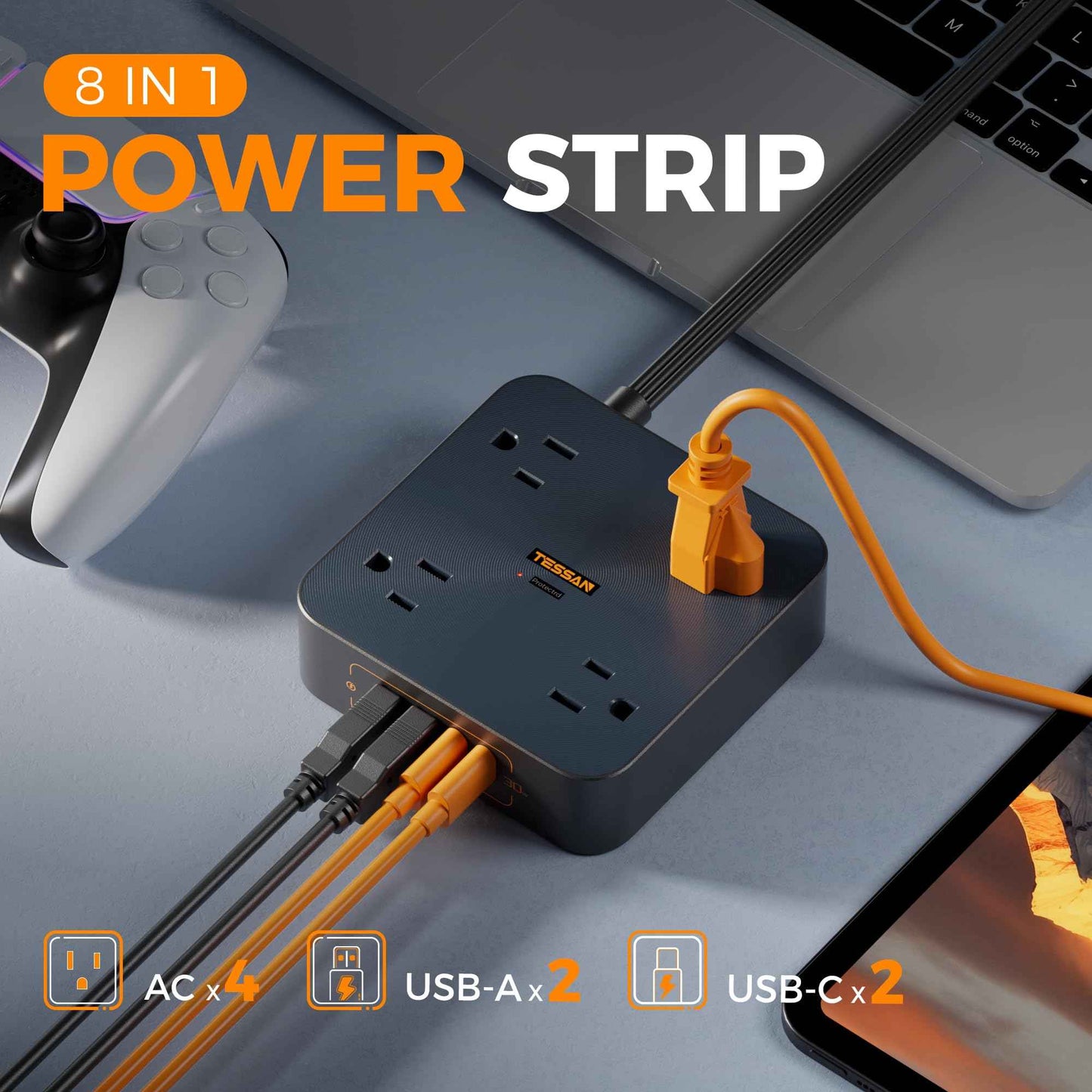 30W USB C Power Strip, TESSAN Fast Charger Surge Protector with 4 Outlet Extender, 6 FT Flat Plug Extension Cord 4 Charger Block Power Delivery (2 USB C) for Office Supplies, Dorm Room Essentials