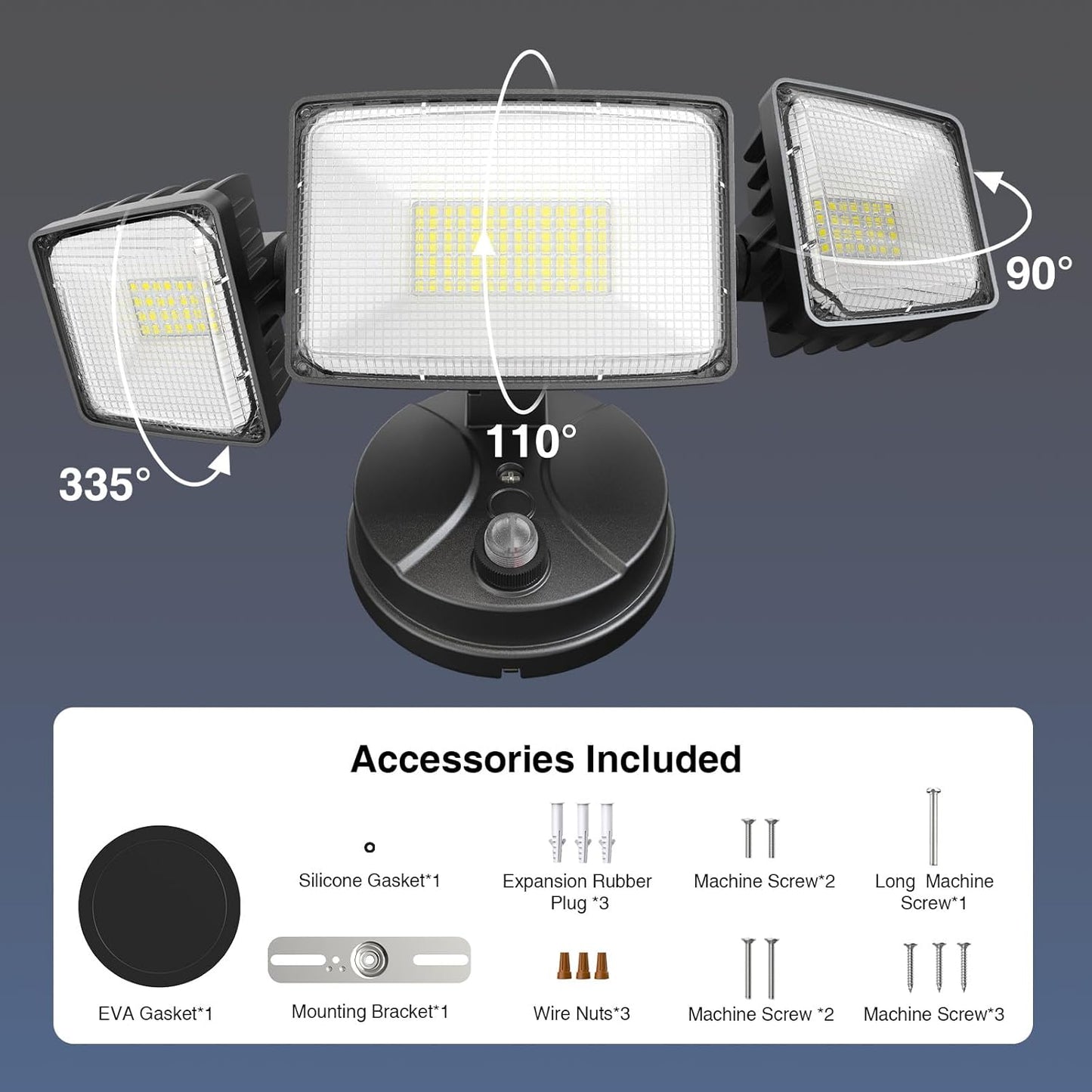 100W Dusk to Dawn LED Outdoor Flood Light - 11000LM Waterproof Security Light with 3 Heads Photocell for Garage & Yard
