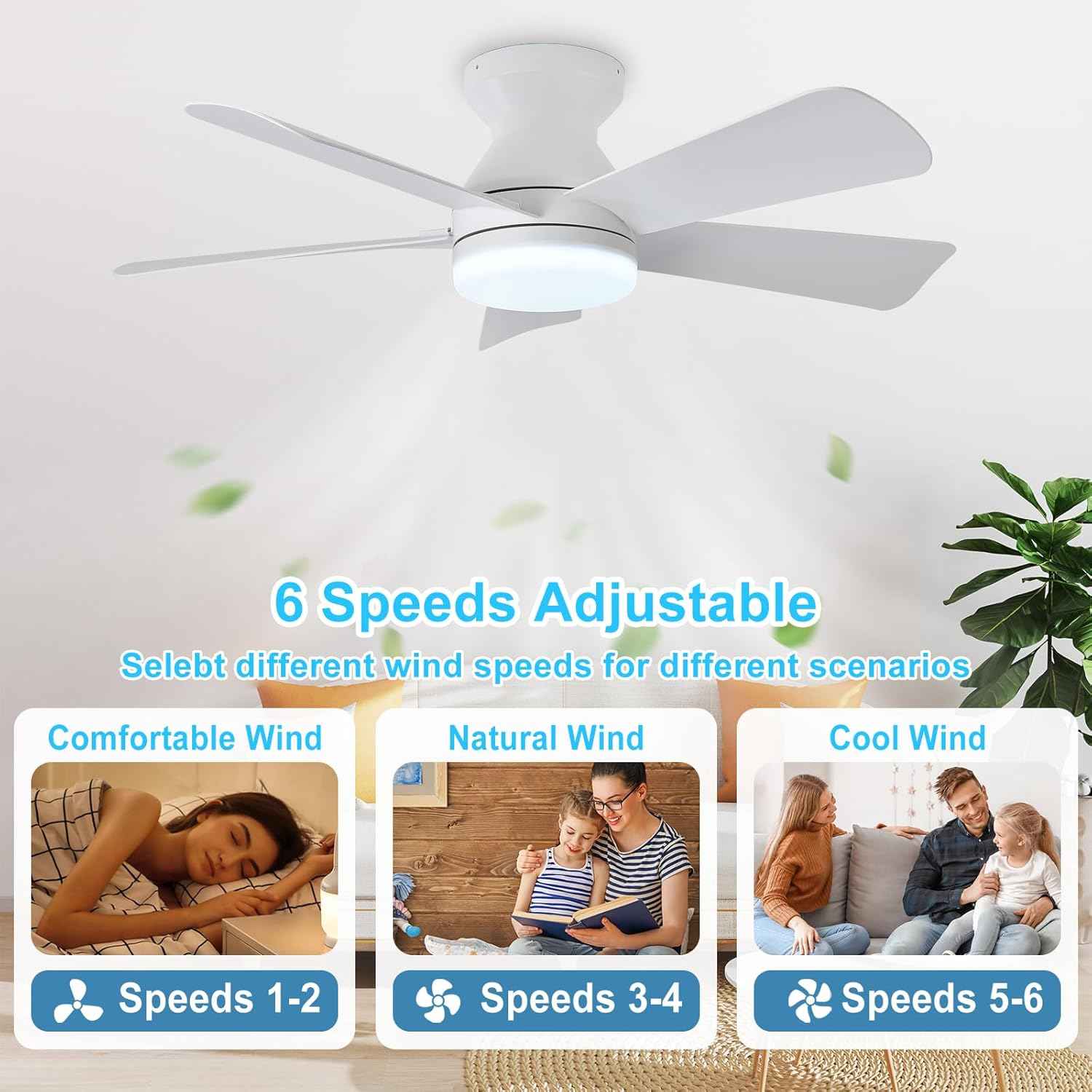 42-Inch Modern Black Ceiling Fan with Light & Remote - Dimmable Low Profile, 5 Reversible Walnut Blades, 6 Speeds for Indoor/Outdoor Use