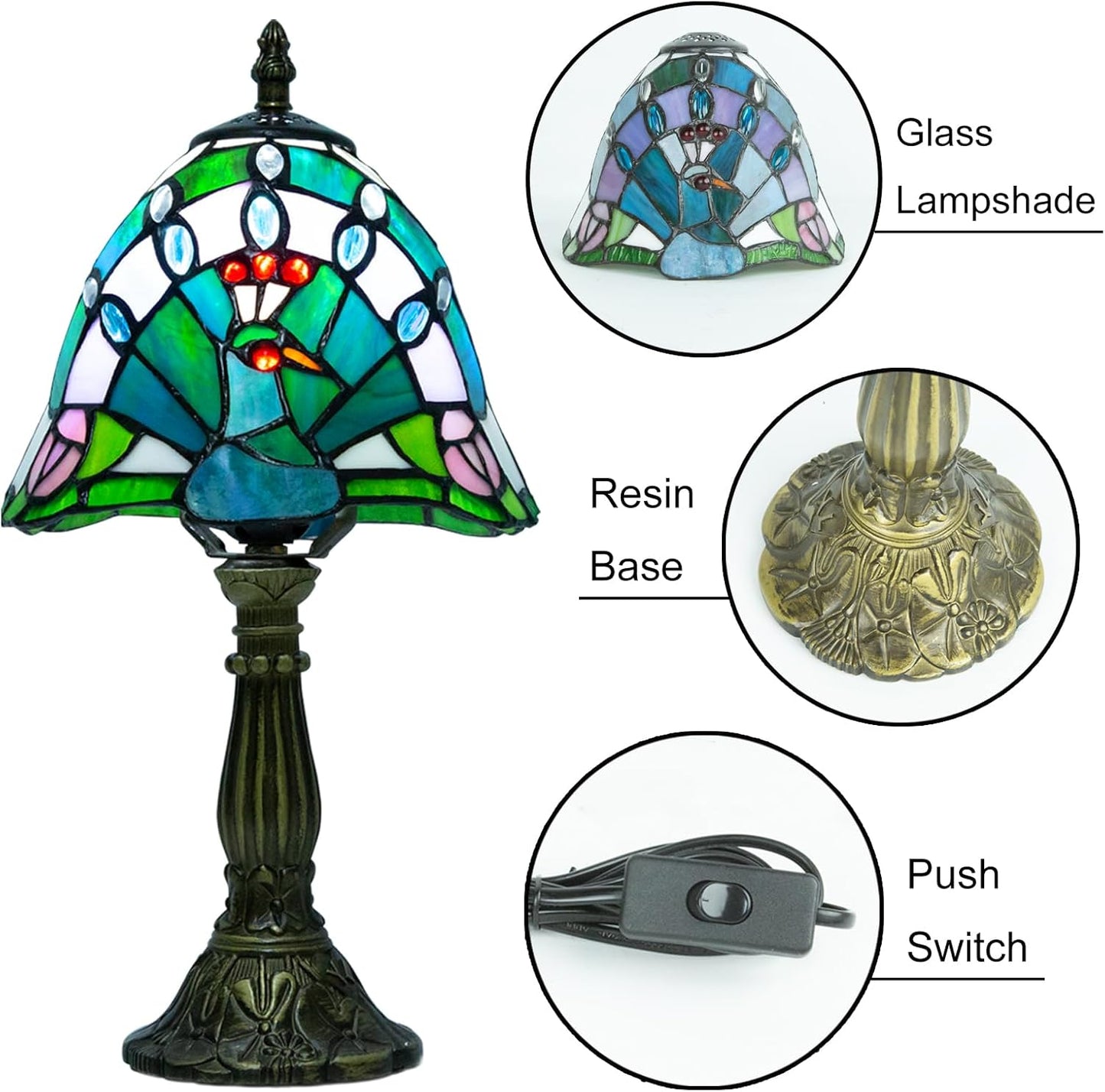 Tiffany Table Lamp - 8 Inch Antique Stained Glass, 3 Color Temperatures, Handcrafted for Bedroom & Living Room