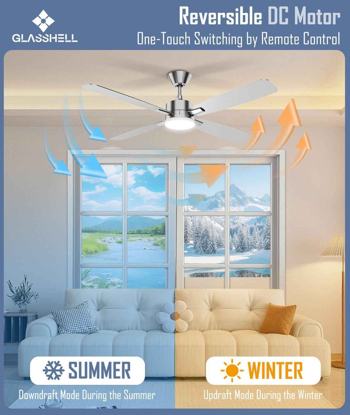 52-Inch Ceiling Fan with Remote Control & Dimmable Light - Noiseless DC Motor for Indoor/Outdoor Use