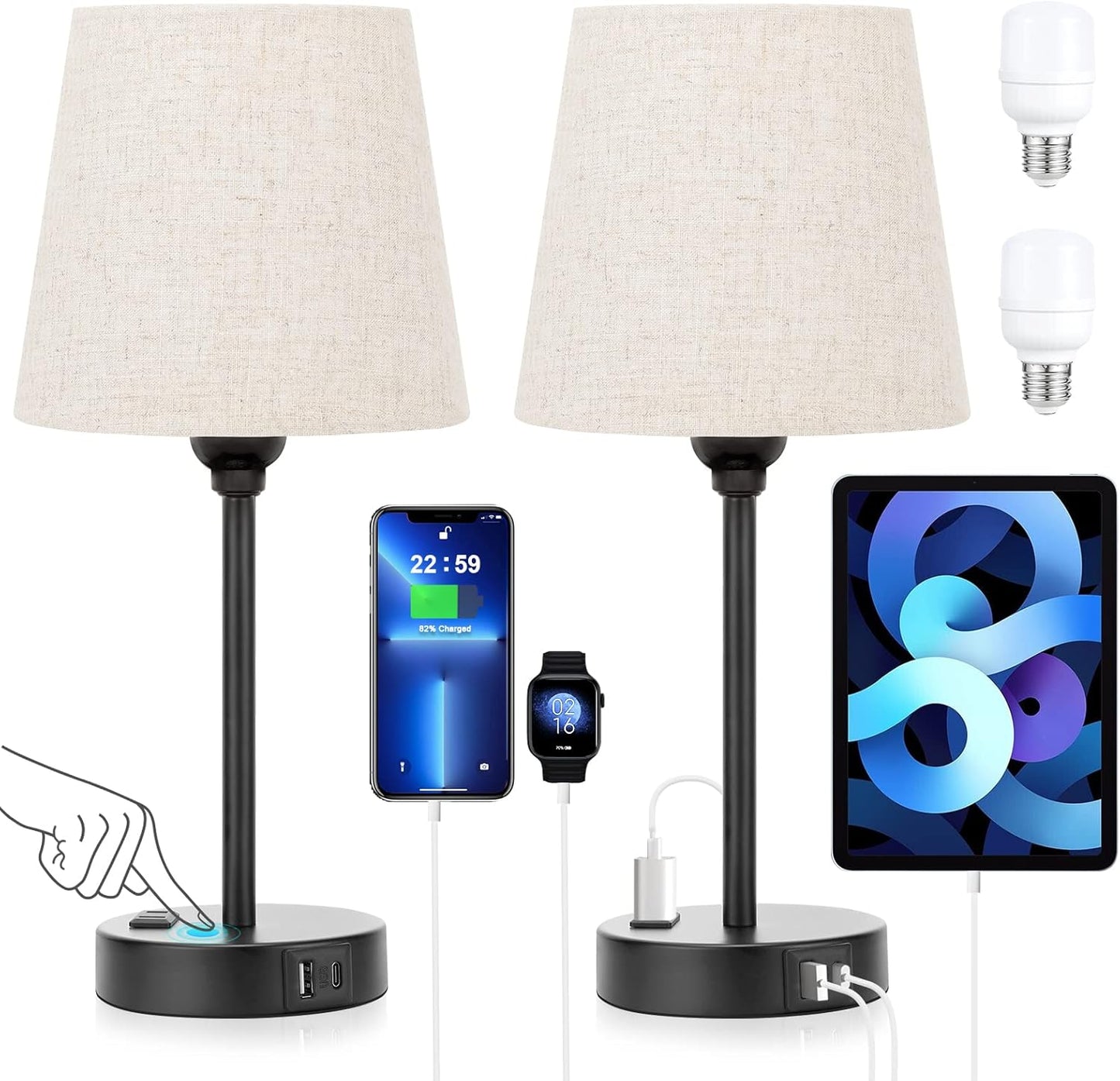 Set of 2 Mini Bedside Lamps with USB-C & AC Outlet - Dimmable Touch Nightstand Lights for Bedrooms