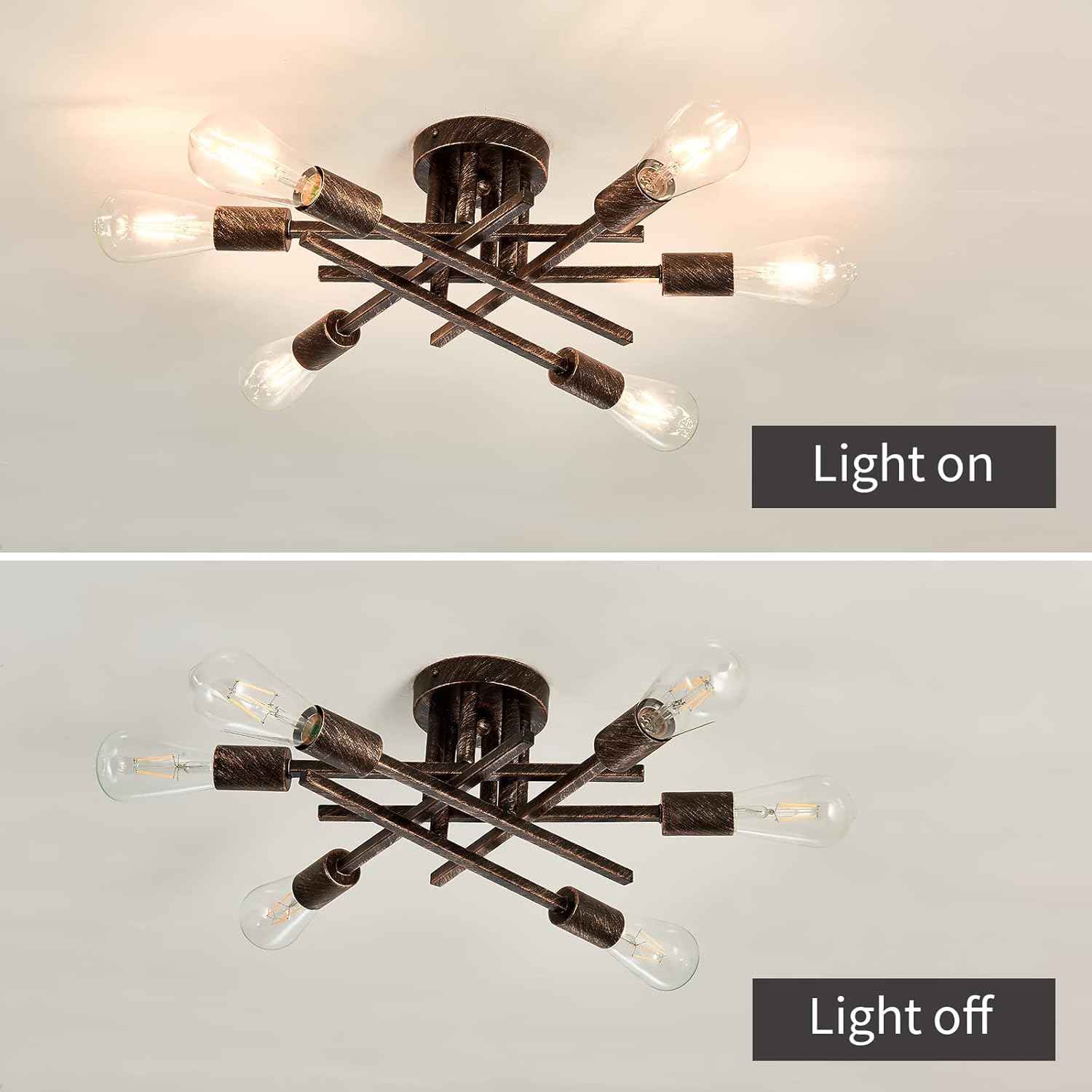 Gold Modern 6-Light Semi Flush Mount Ceiling Light Fixture - Vintage Sputnik Chandelier for Kitchen, Dining & Living Room
