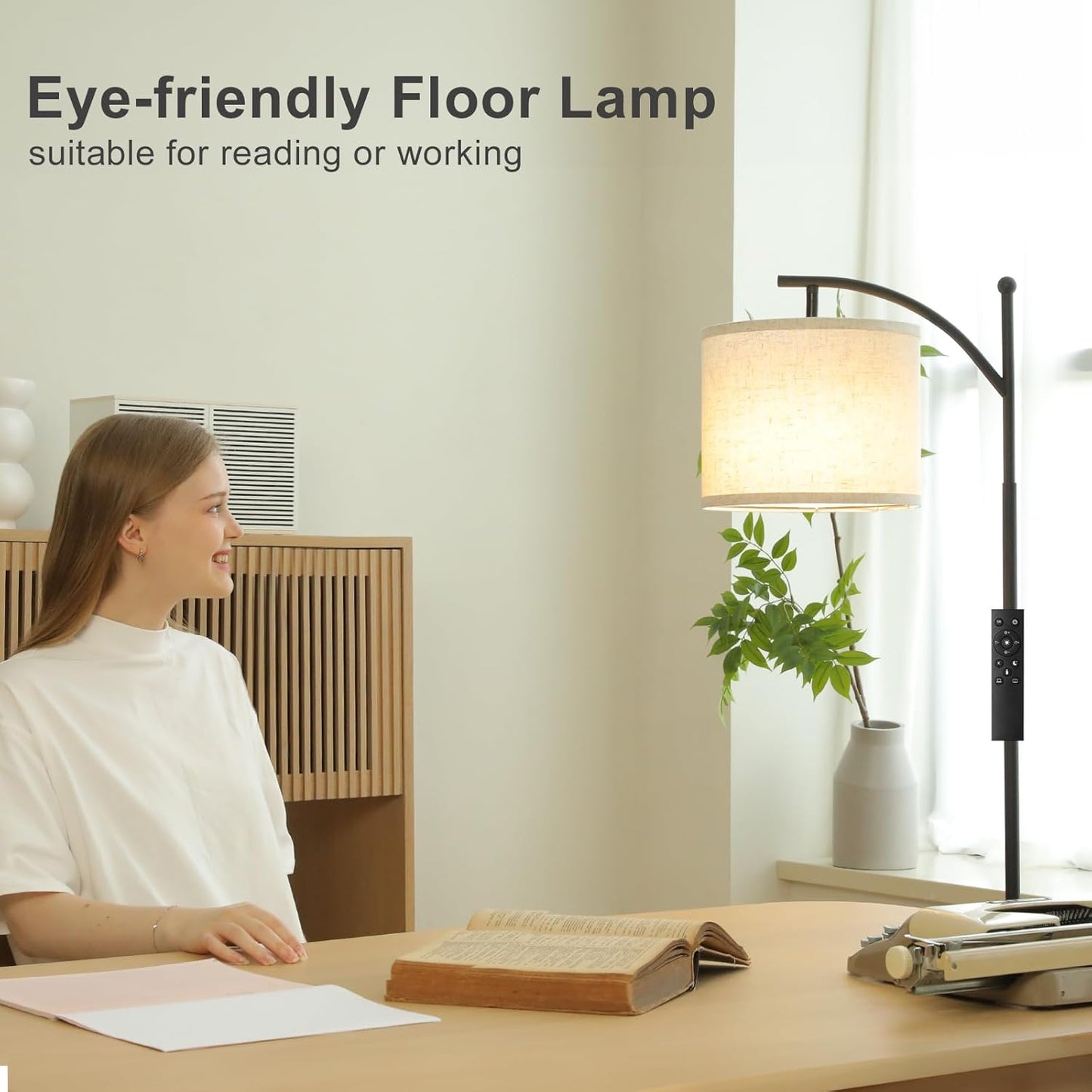 Modern 60" Floor Lamp with Remote Control & Dimmable LED Bulb - Beige Shade, Adjustable Brightness for Living Room