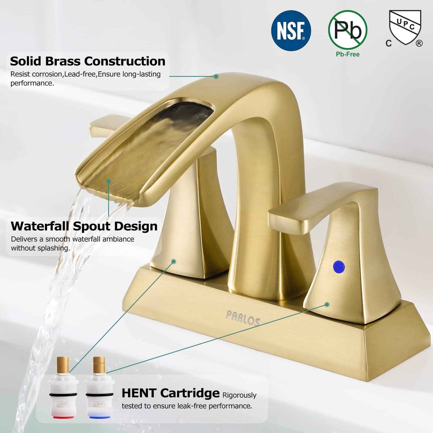 PARLOS 2 Handles Waterfall Bathroom Faucet with Metal Pop-up Drain and Faucet Supply Lines, Brushed Gold, Doris 1406808