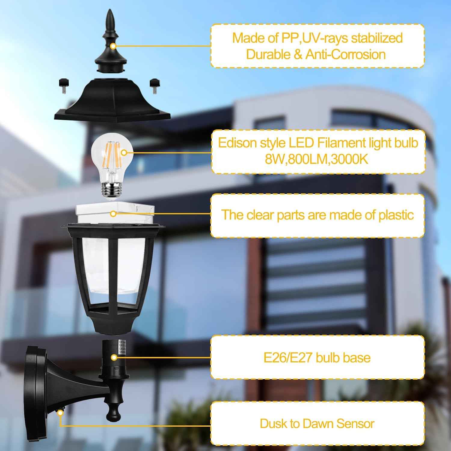 Outdoor Wall Light with Dusk to Dawn Sensor - 2-Pack LED Lanterns for Porch & Garage