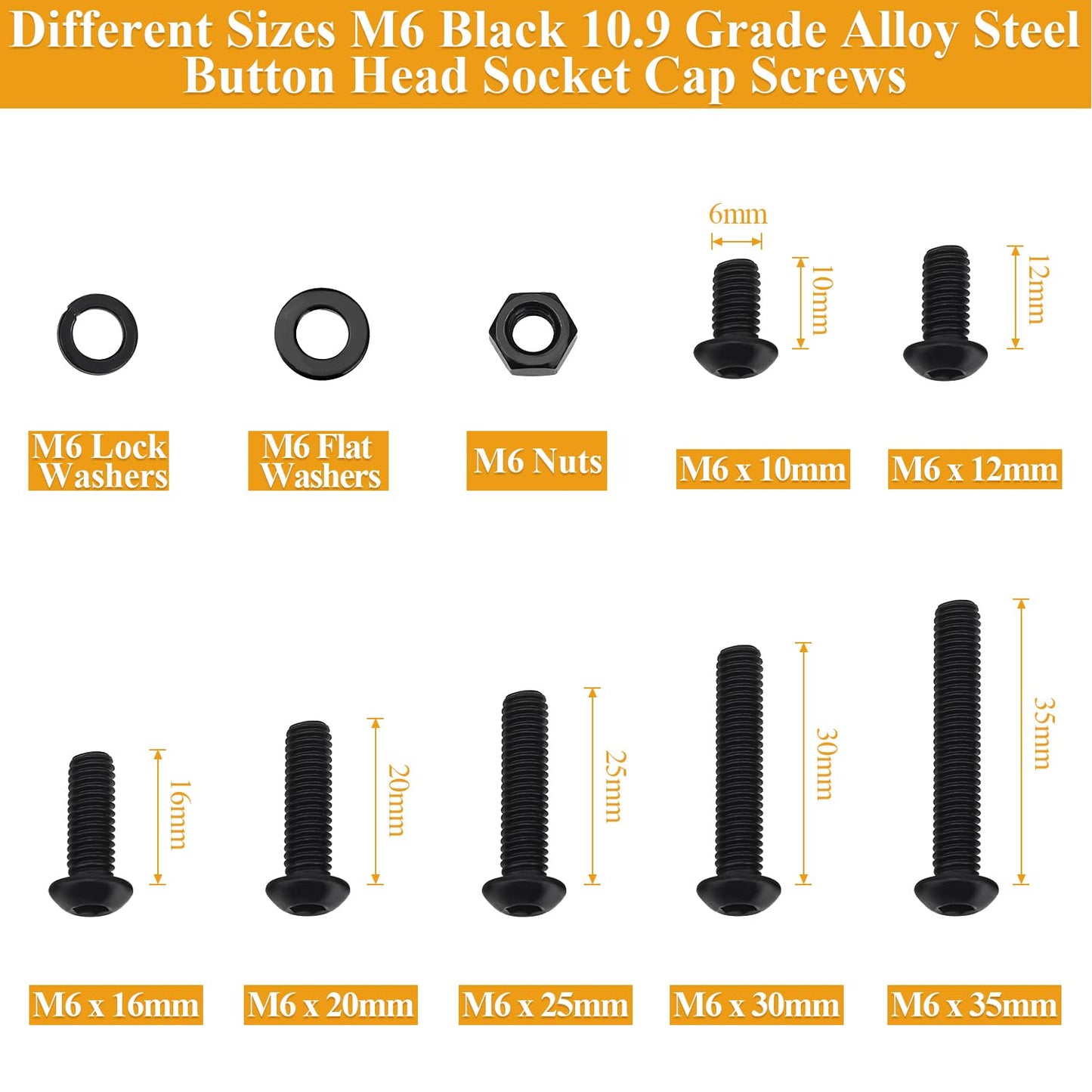 150 Pieces M6 Screws Nuts Washers Set Black, Sutemribor M6 x 10/12/16/20/25/30/35mm Button Head Socket Cap Screws Nuts Washers Assortment Kit, 10.9 Grade Alloy Steel, Fully Threaded