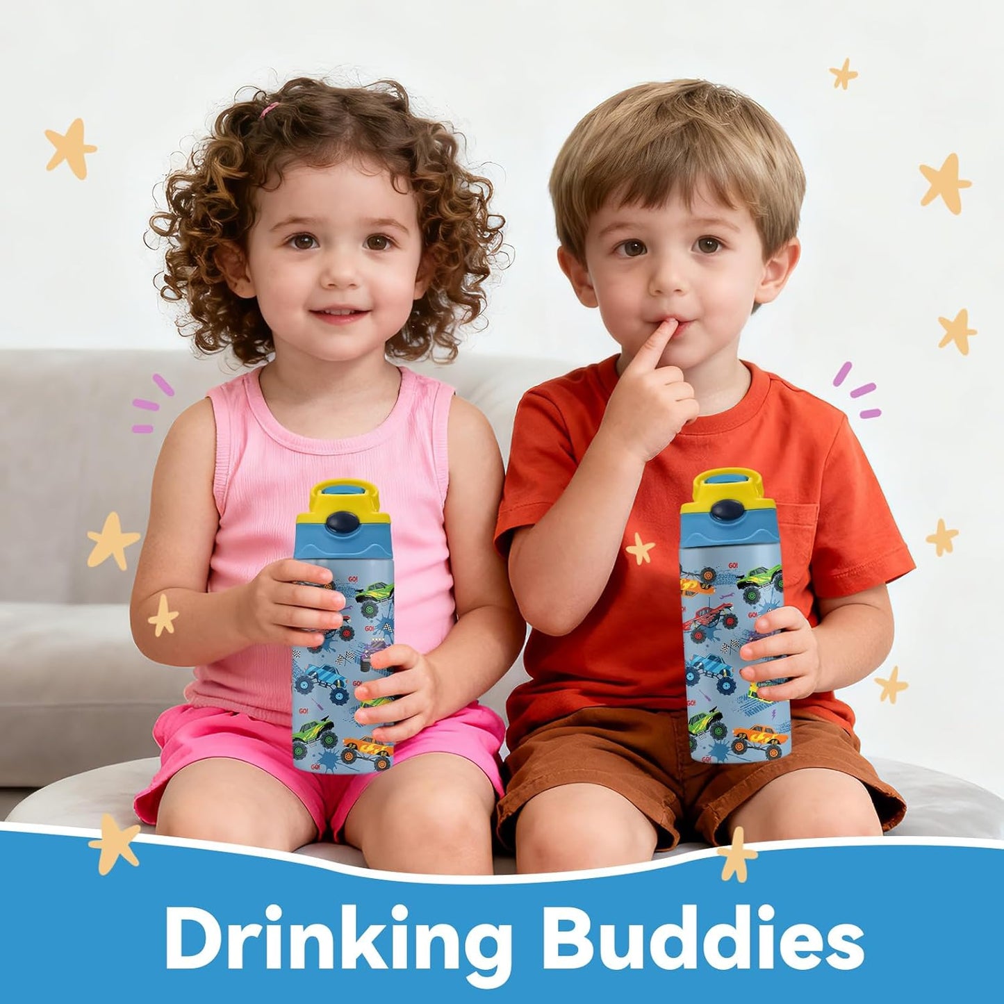 Monster Truck | 12 oz Kids Water Bottle - Insulated, BPA-Free, Leak-Proof with Straw & Handle
