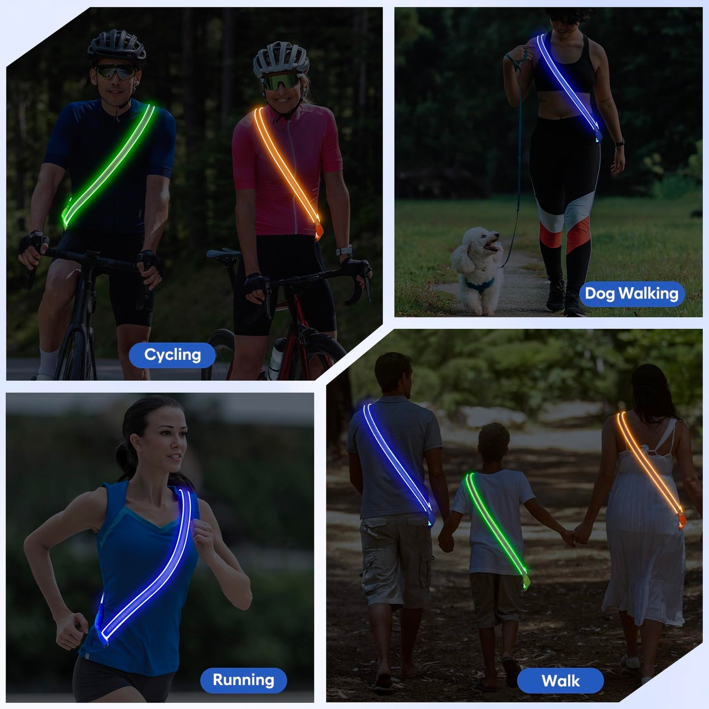 LED Reflective Running Sash for Men & Women – Rechargeable Flashing Safety Light for Night Jogging, Cycling, Hiking, Walking – High Visibility Reflective Gear (Blue)