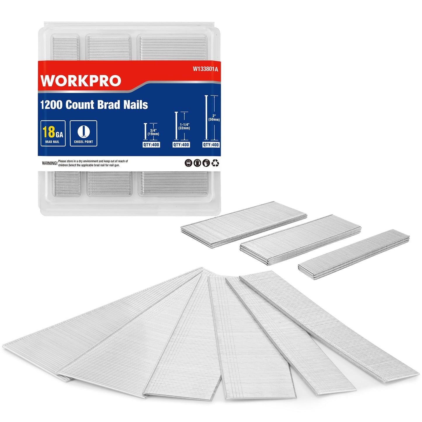 WORKPRO 1200 Count 18 Gauge Brad Nails, (3/4,1-1/4",2"), Universal Brad Nail Gun Nails for Pneumatic & Electric Brad Nailers