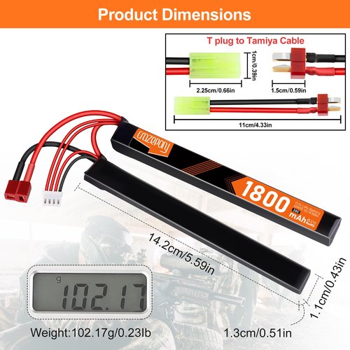 Crazepony Airsoft Battery 11.1V Rechargeable 3S LiPo 1800mAh 30C Nunchuck Split Pack Battery with T Plug to Mini Tamiya Cable for Airsoft Model Guns Rifle