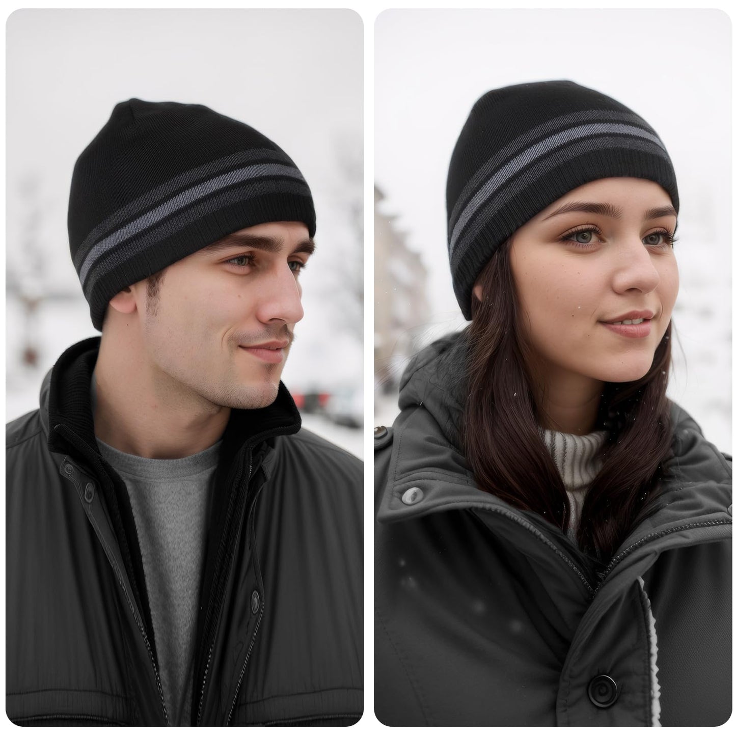 TUVATU Knitted Striped Beanie for Men Women, Fleece Lined Winter Hat, Warm Windproof Unisex Soft Ski Beanie Cap for Autumn Winter, Black