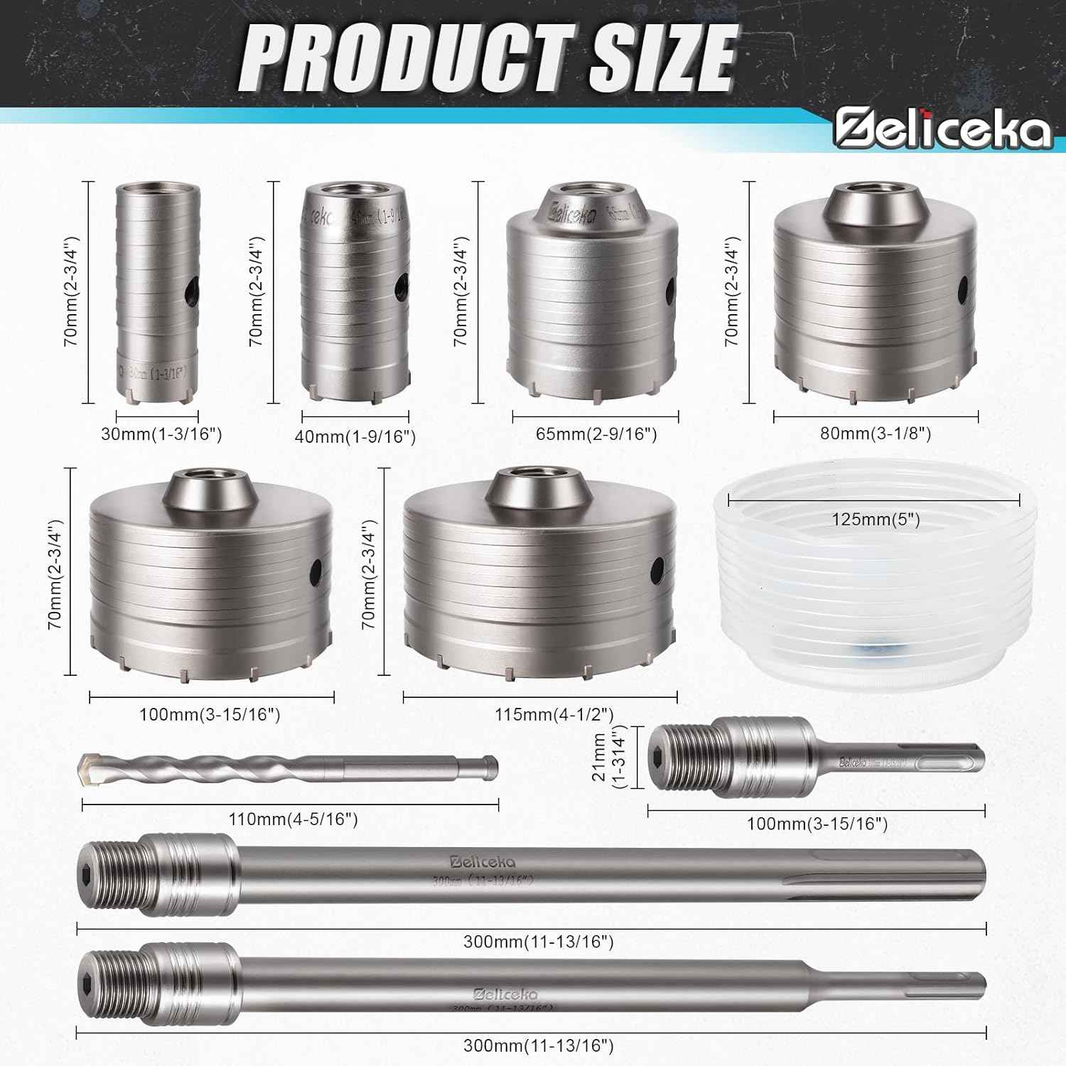 Concrete Hole Saw Kit with Dust Bowl - 30-115mm SDS Plus Set for Brick, Stone & Cement