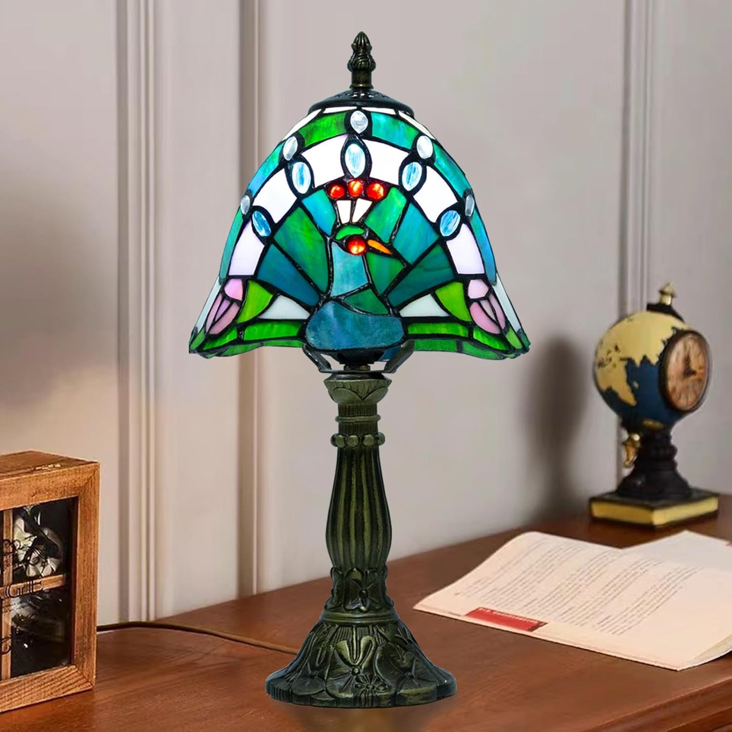 Tiffany Table Lamp - 8 Inch Antique Stained Glass, 3 Color Temperatures, Handcrafted for Bedroom & Living Room