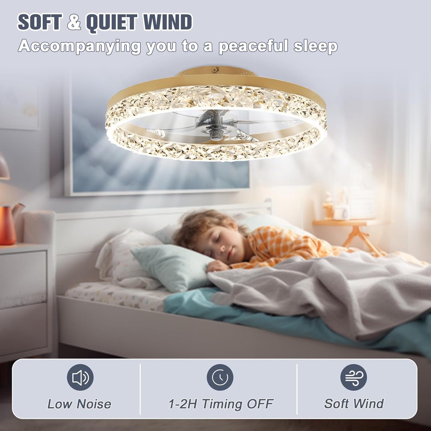 Modern Bladeless Ceiling Fan with Light & Remote - 15.7in Low Profile Fandelier, Dimmable 3000K-6500K for Bedroom