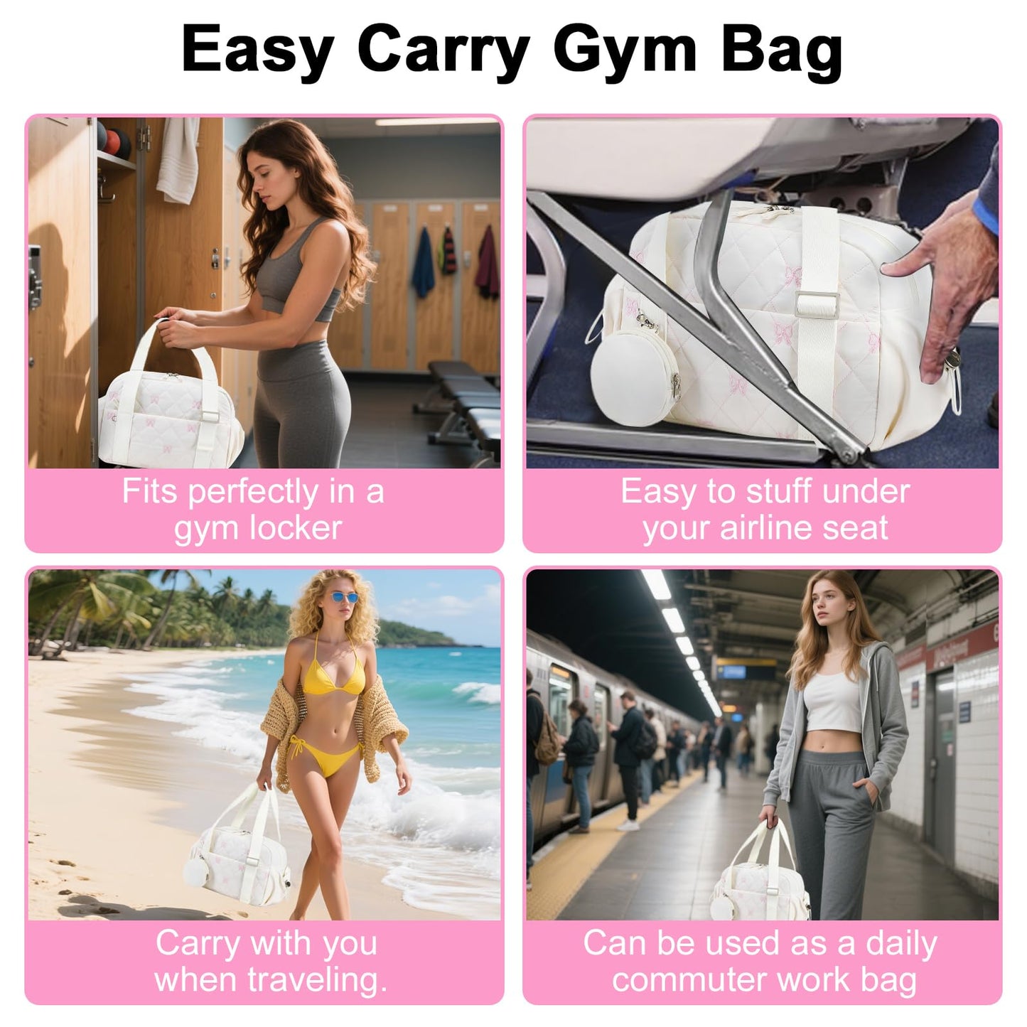 CAMTOP Mini Gym Bag for Women, Small Gym Tote Bag Puffy Quilted Sports Duffel Bag with Wet Compartment and Coin Purse Duffel Bags Dance Yoga Workout Bag for Gifts (White Pink Bow, Mini-12.6")