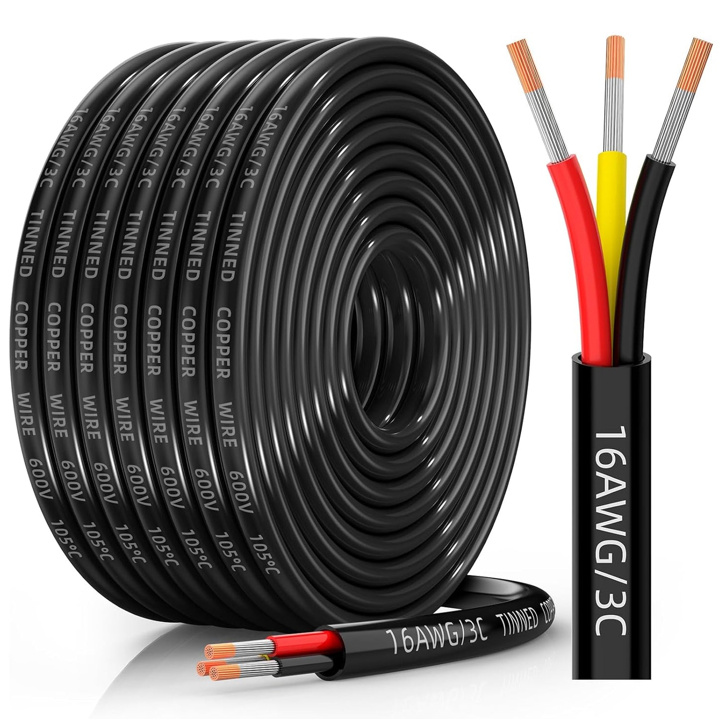 16 AWG Tinned Copper 3-Conductor Electrical Wire - Waterproof PVC Cable for Automotive, Marine & Solar (100FT)