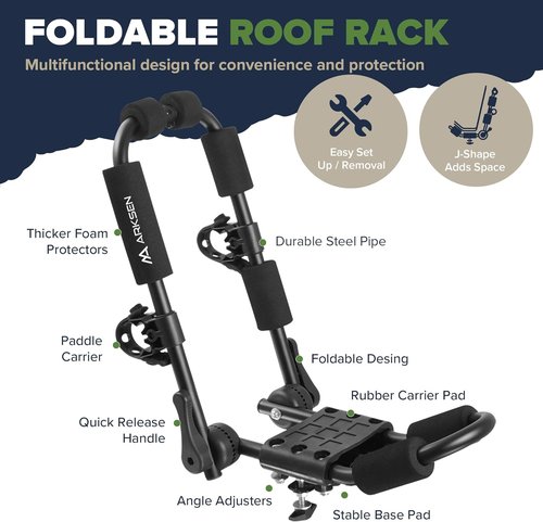 ARKSEN Universal Folding Kayak Roof Rack - Heavy Duty Adjustable J-Bar Carrier for Cars, SUVs & Trucks