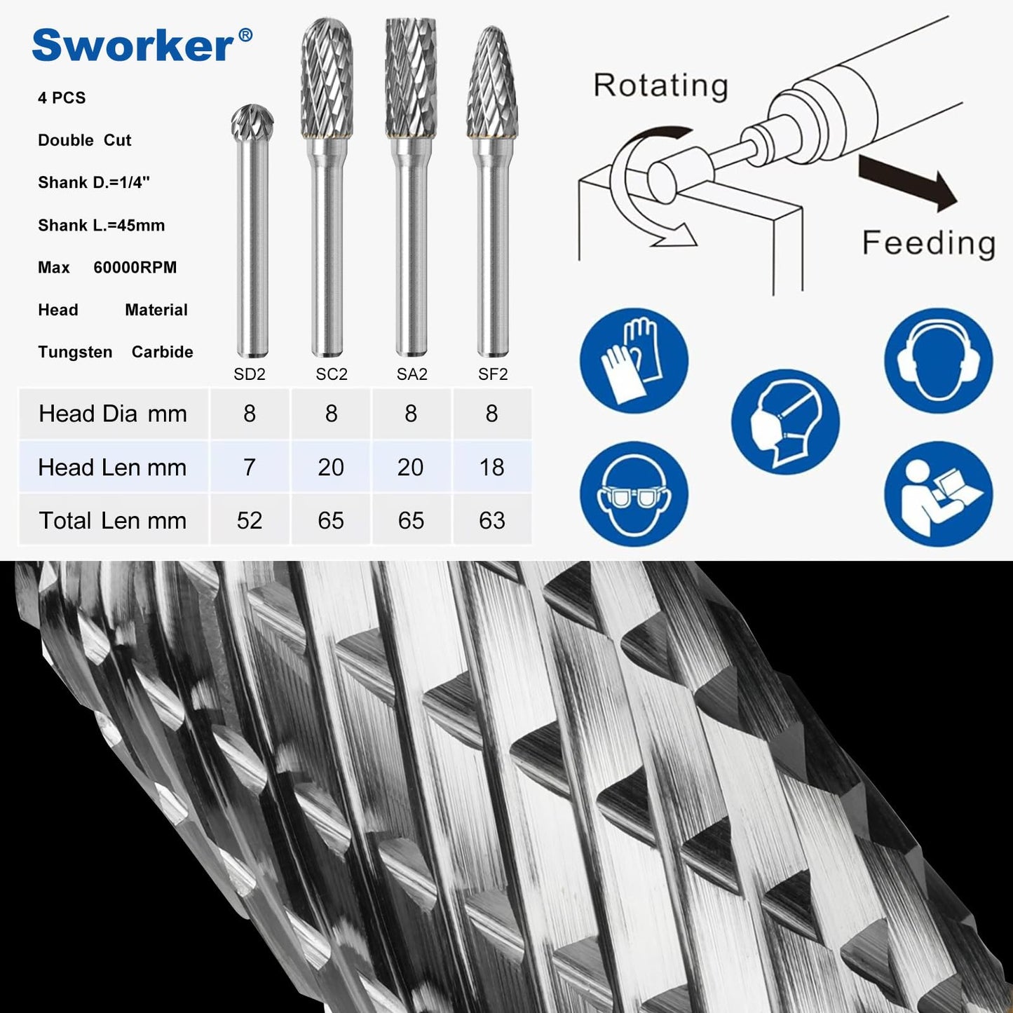 Sworker 4Pcs Carbide Burr Set 1/4 Shank w/Clear Box Head Dia 8mm Die Grinder Bits Rotary Tools Attachment Kit Rasp File Accessories Metal Wood Stone Steel Grinding Deburring Cutting Porting Carving