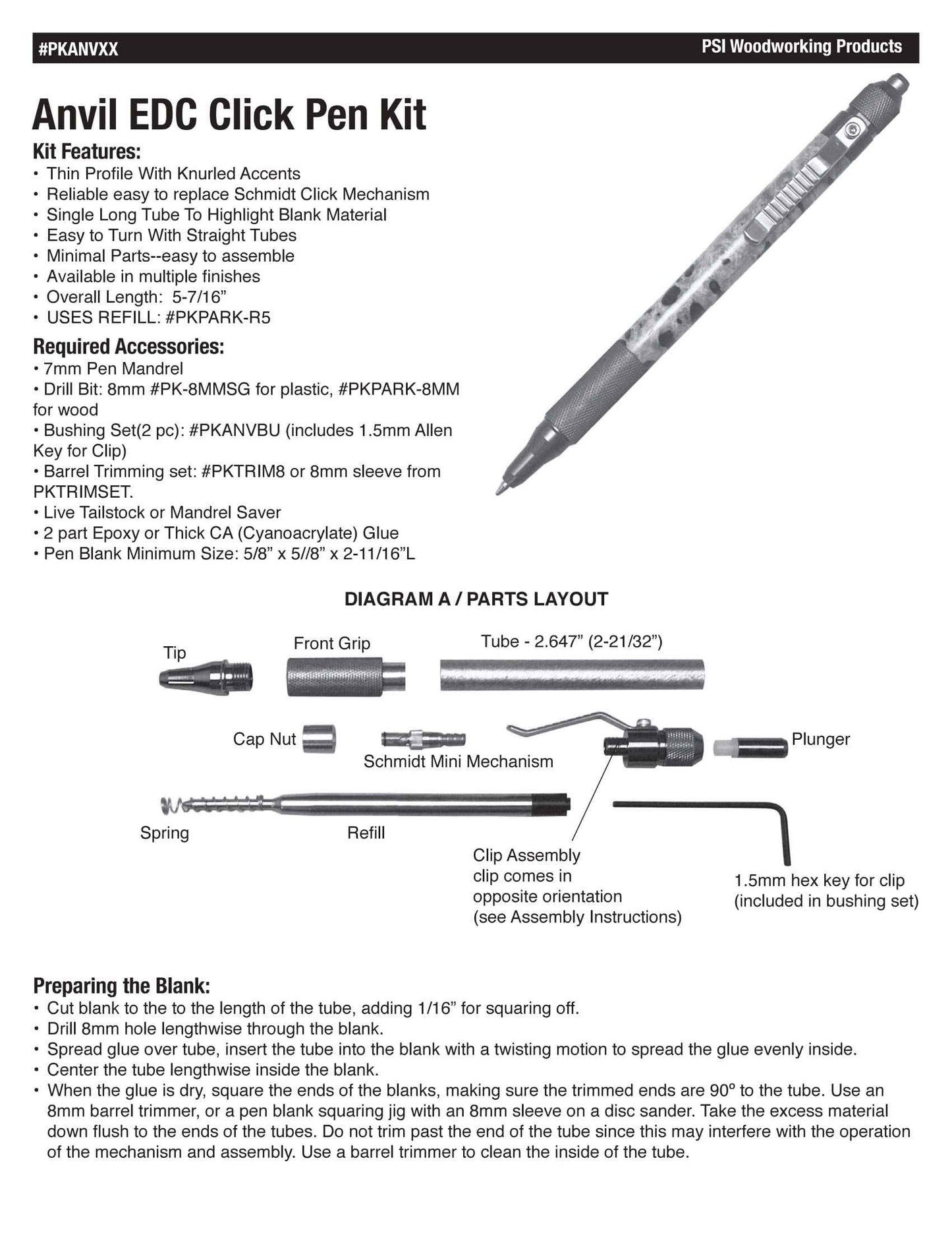 Penn State Industries PKANVSS Anvil EDC Click Ballpoint Pen Kit Starter Package Woodturning Project, Multi