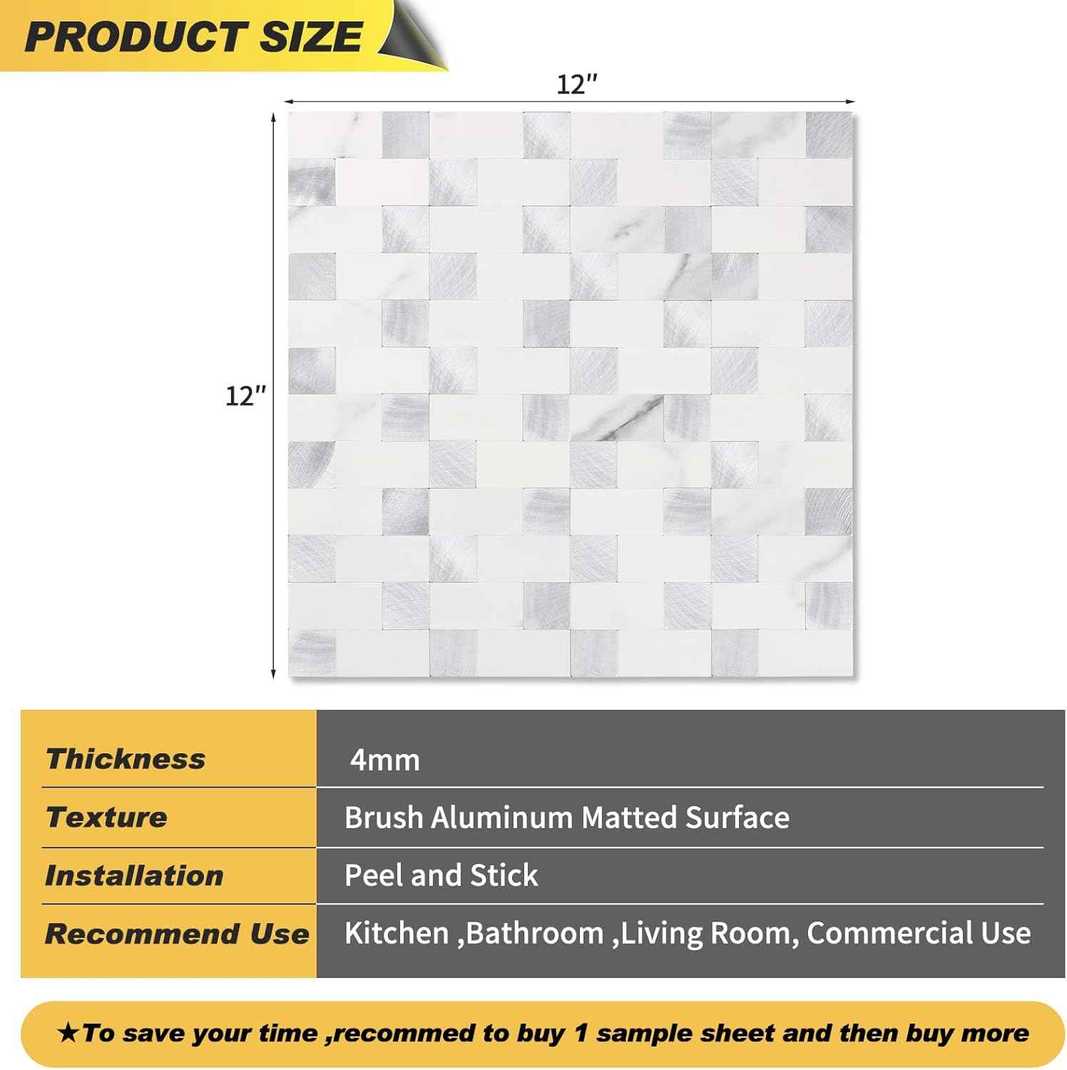 Stainless Steel Peel and Stick Backsplash Tiles - 20 Sheets, 12''x12'' for Kitchen & Bathroom