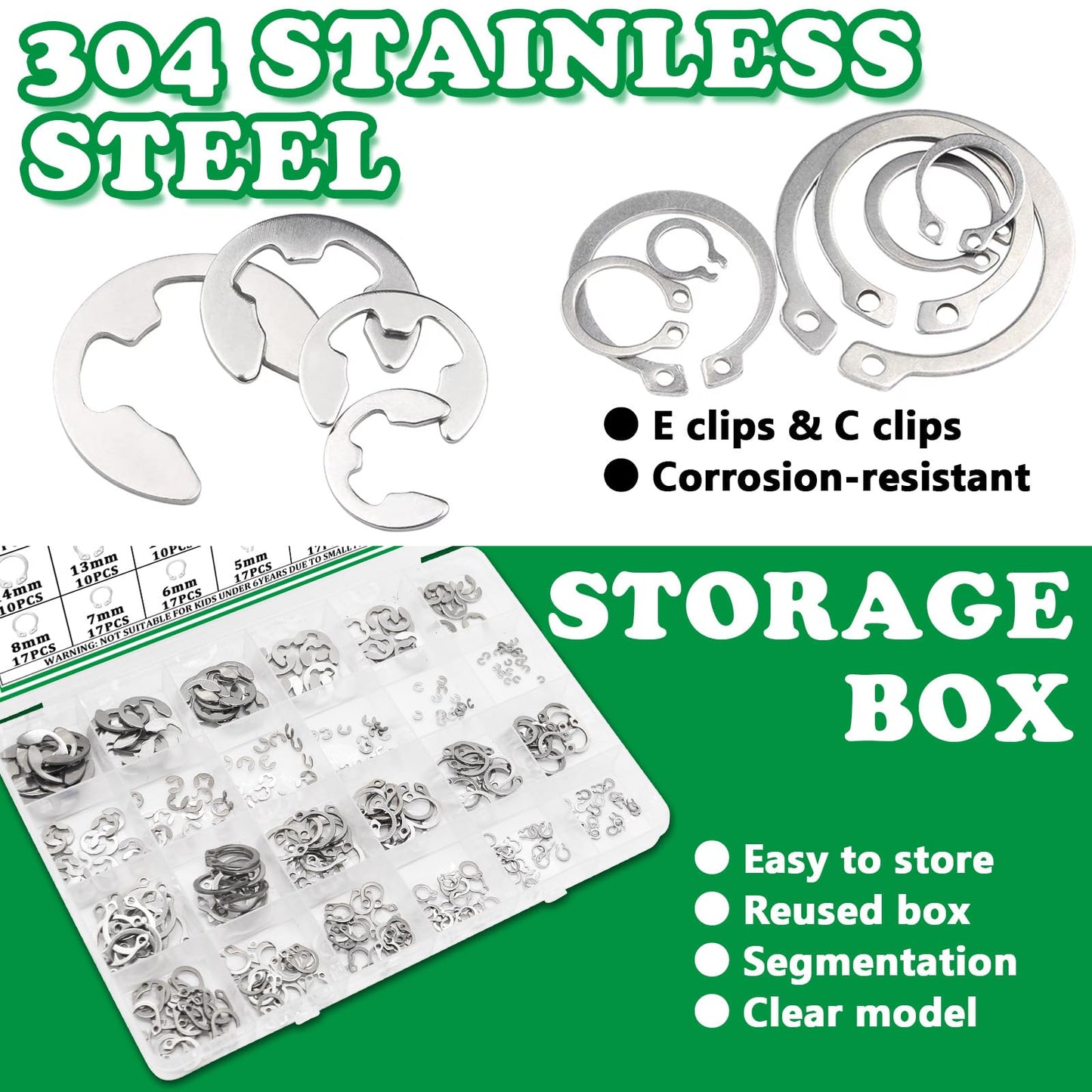 Aienxn 330PCS 304 Stainless Steel Snap Rings Assortment Kit, E Clips Assortment Kit (1.2MM-10MM) and C Clips Assortment Kit (3MM-14MM), 24 Sizes External Retaining Rings Circlip Snap Ring Kit