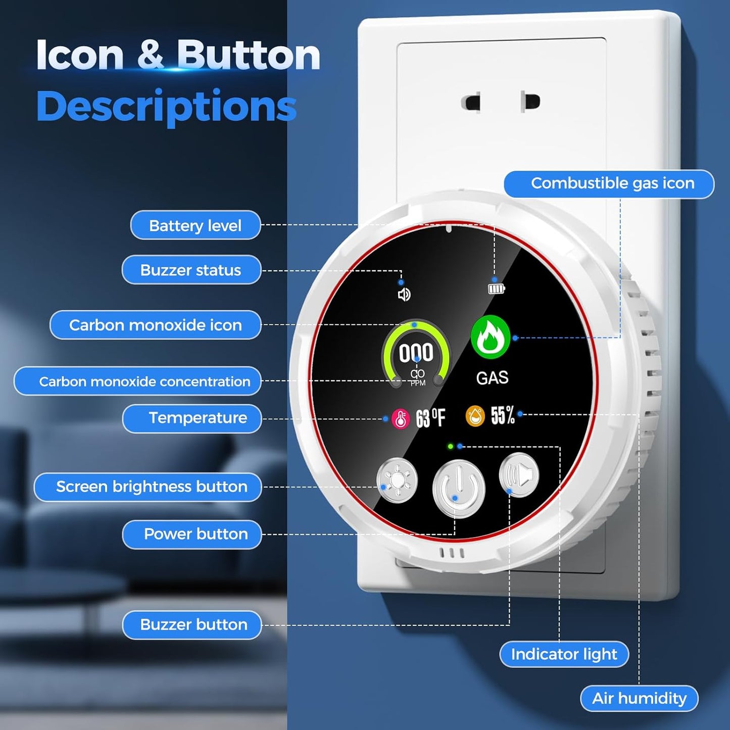 5-in-1 Carbon Monoxide, Smoke & Gas Detector with Battery Backup - HD Digital Screen for Home Safety