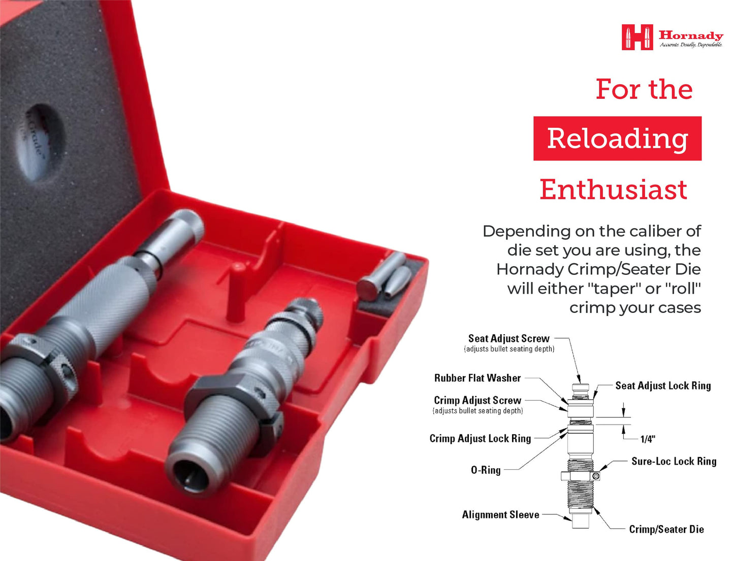 Hornady Custom Grade New Dimension 2-Die Set, 223 REM (.224) (546228) - Caliber Specific Reloading Equipment for Handloaders with Full Length Sizer Die, Seating Die, Sure-Loc Rings, & Storage Box